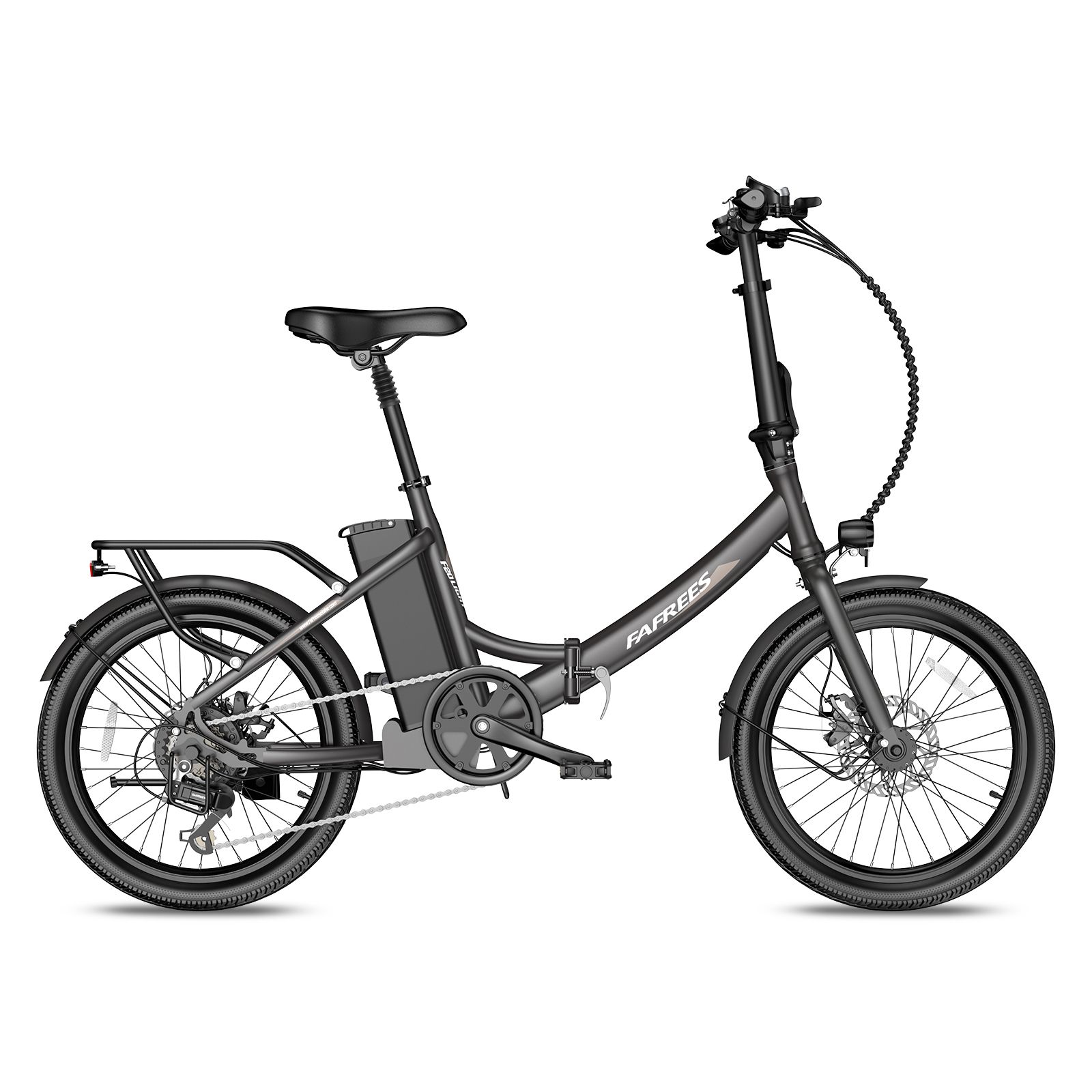 Schwarzes Falt-E-Bike mit Akku, Gepäckträger und Scheinwerfer. Marke FAFREES.