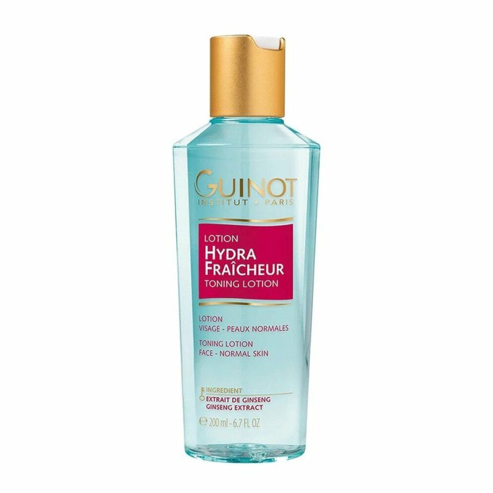 Guinot Lotion Hydra Fraicheur. Flasche mit goldfarbenem Deckel. Rotes Etikett mit Produktbezeichnung. Blaue Flüssigkeit sichtbar.