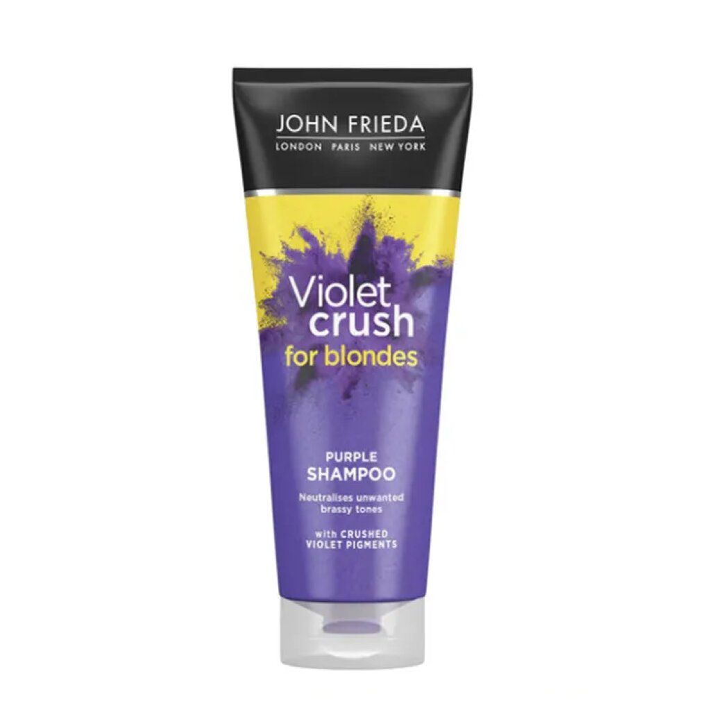 Violet Crush Shampoo für Blondinen. Lila Tube mit schwarzem Deckel. Text: John Frieda, Violet Crush, Purple Shampoo.