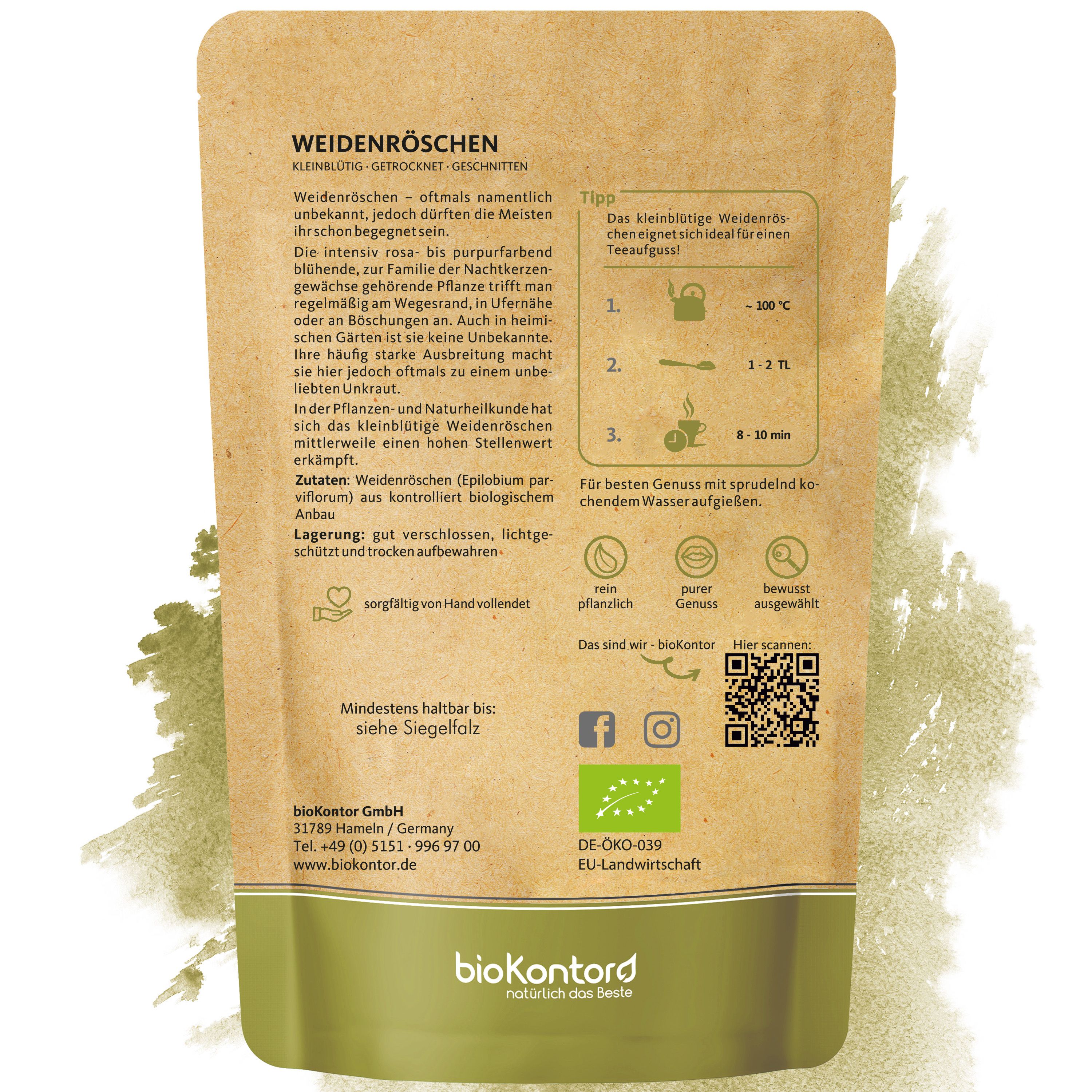 Bio-Kräutertee aus Weidenröschen, kleinblütig, in einer Papiertüte mit floralem Design.