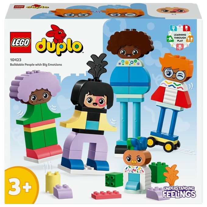 Set LEGO DUPLO 10423 "Persone da Costruire con Grandi Emozioni". La confezione mostra quattro personaggi DUPLO colorati con diverse acconciature e abiti. Il set include anche mattoncini. Il logo "LEGO DUPLO" e l'età "3+" sono ben visibili.