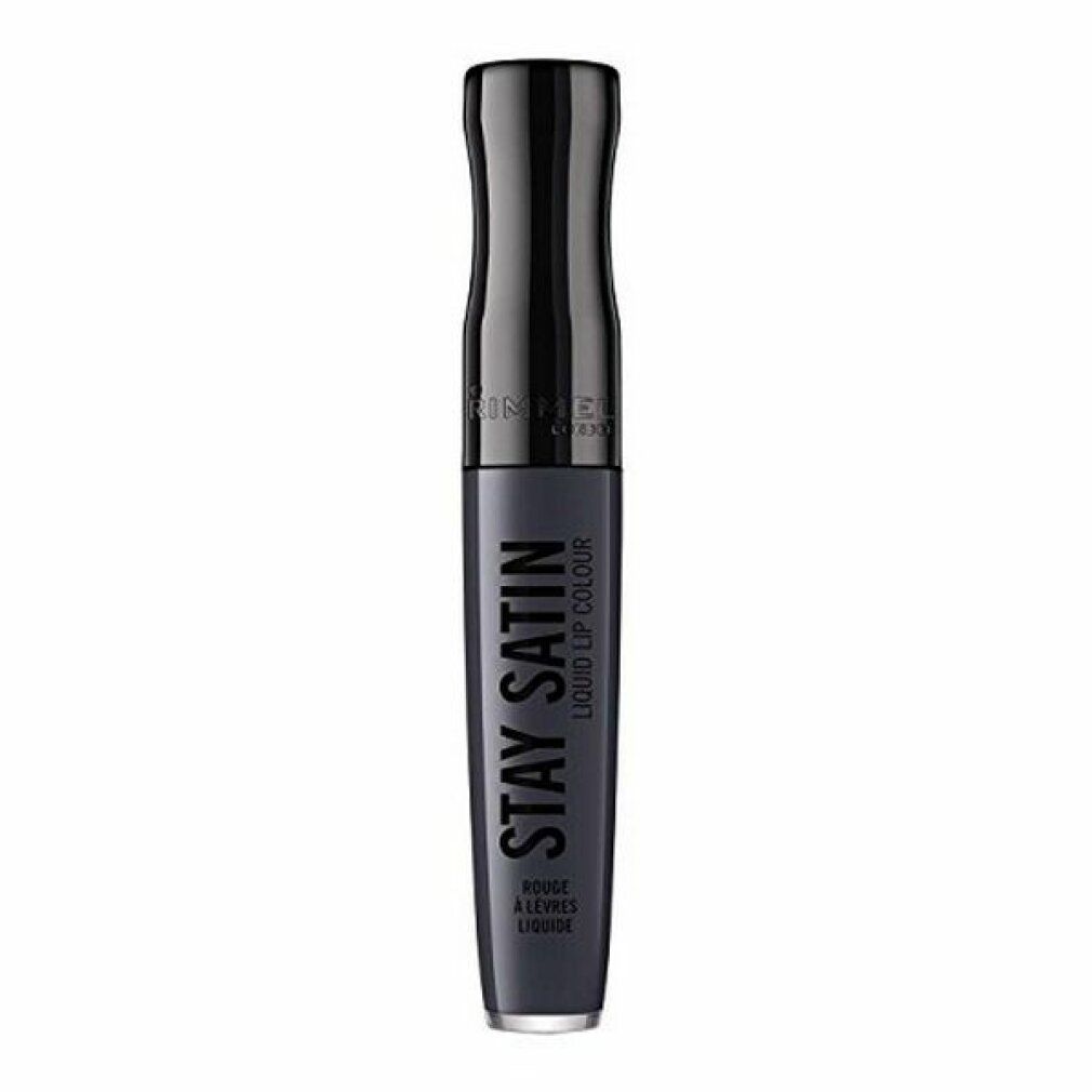Dunkelgrauer flüssiger Lippenstift. Aufschrift: Stay Satin Liquid Lip Colour. Schwarzer Deckel.