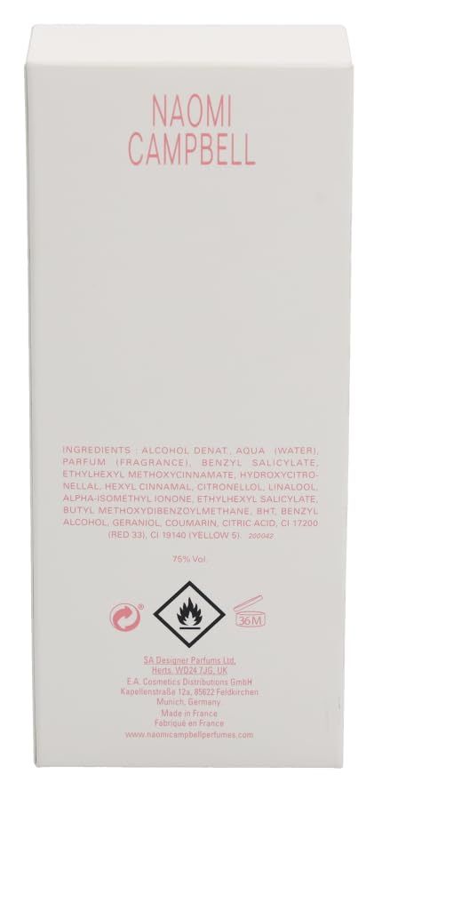 Rückseite der Verpackung von Naomi Campbell Here To Stay Eau de Toilette Spray. Text: Inhaltsstoffe, Warnhinweise, Logos.