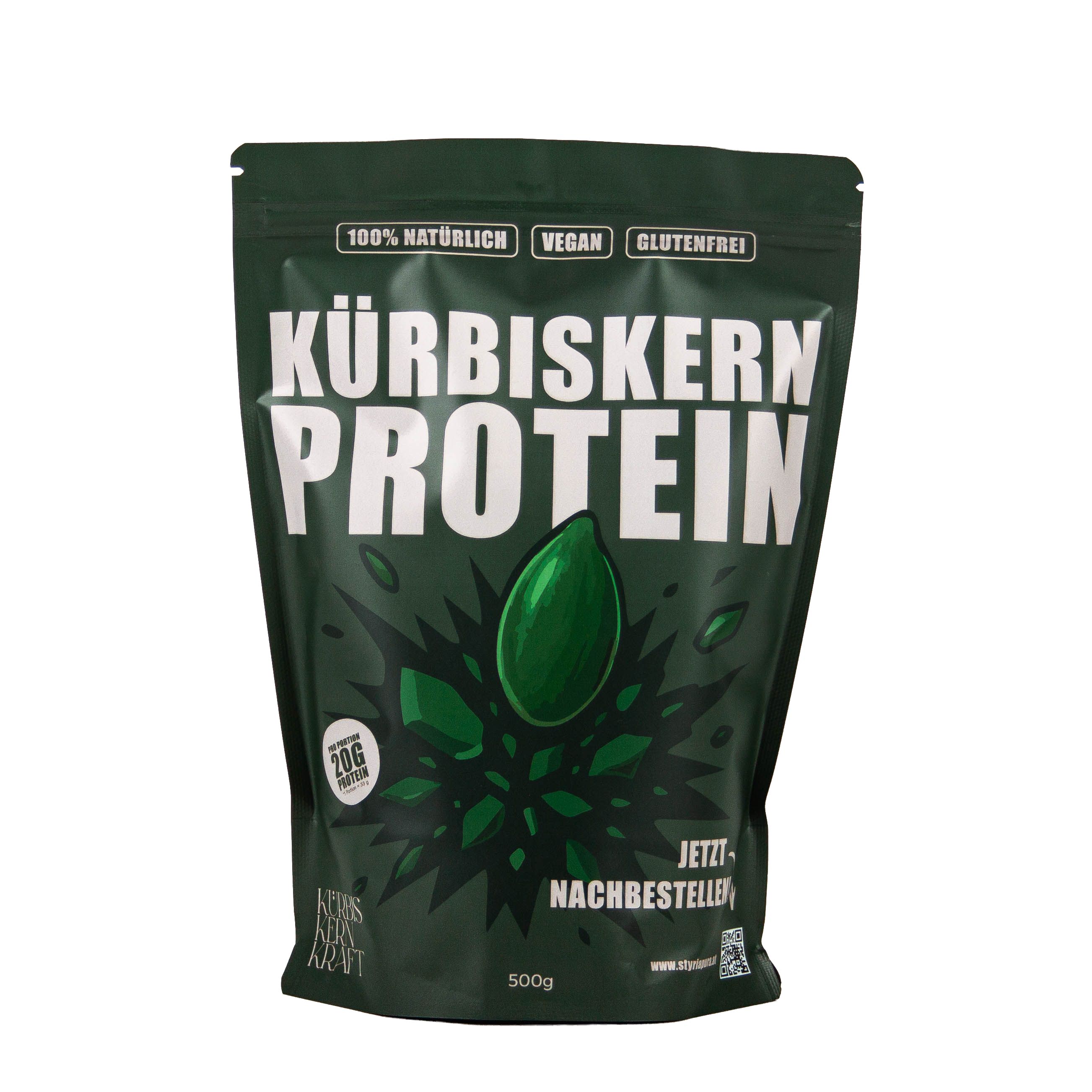 Grüne Tüte mit Aufschrift KÜRBISKERN PROTEIN. Enthält 100% natürlich, vegan, glutenfrei. 500g. Mit Kürbiskern-Illustration.
