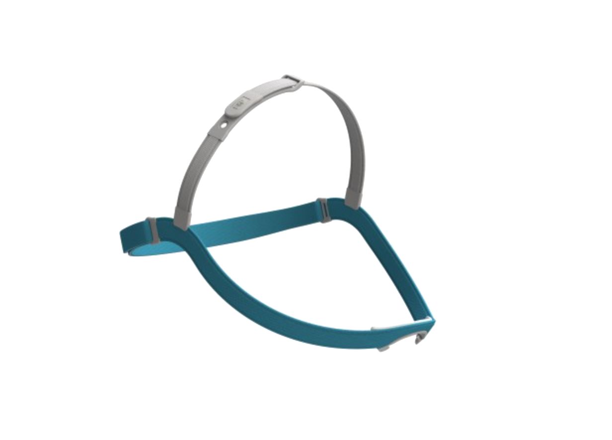 Ein blauer und grauer Kopfband für ein CPAP-Gerät mit verstellbaren Riemen und einem oberen Bügel.
