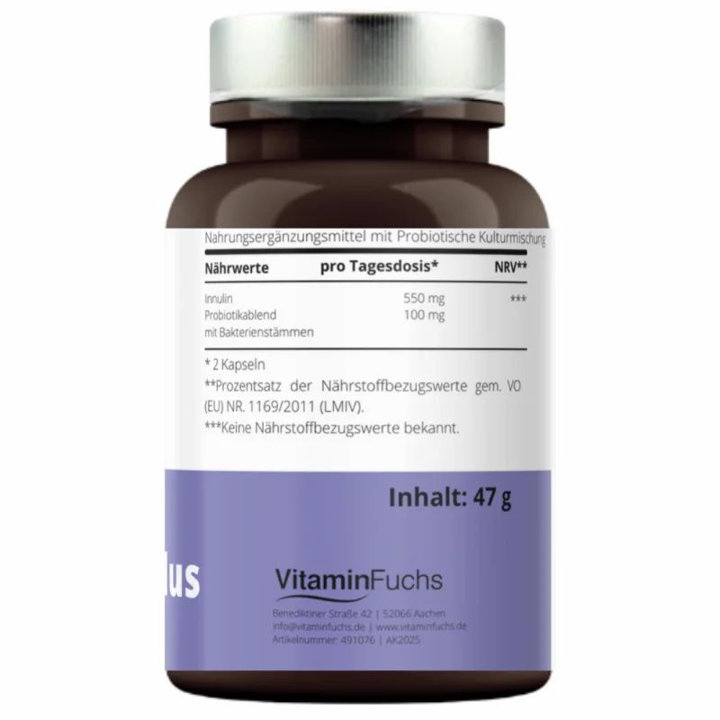 Rückseite der Flasche. Angaben zu Nährwerten, Inhaltsstoffen und Hersteller. Inhalt: 47 g. Vitamin Fuchs.