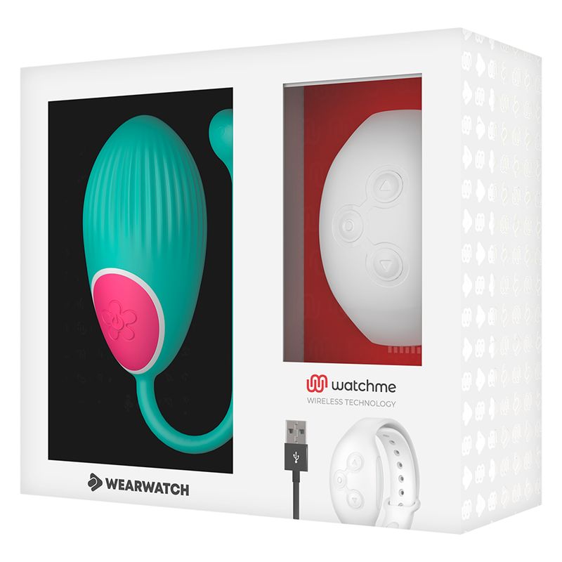 Verpackung mit türkisfarbenem Ei, weißer Armbanduhr und USB-Kabel. Logo: watchme.
