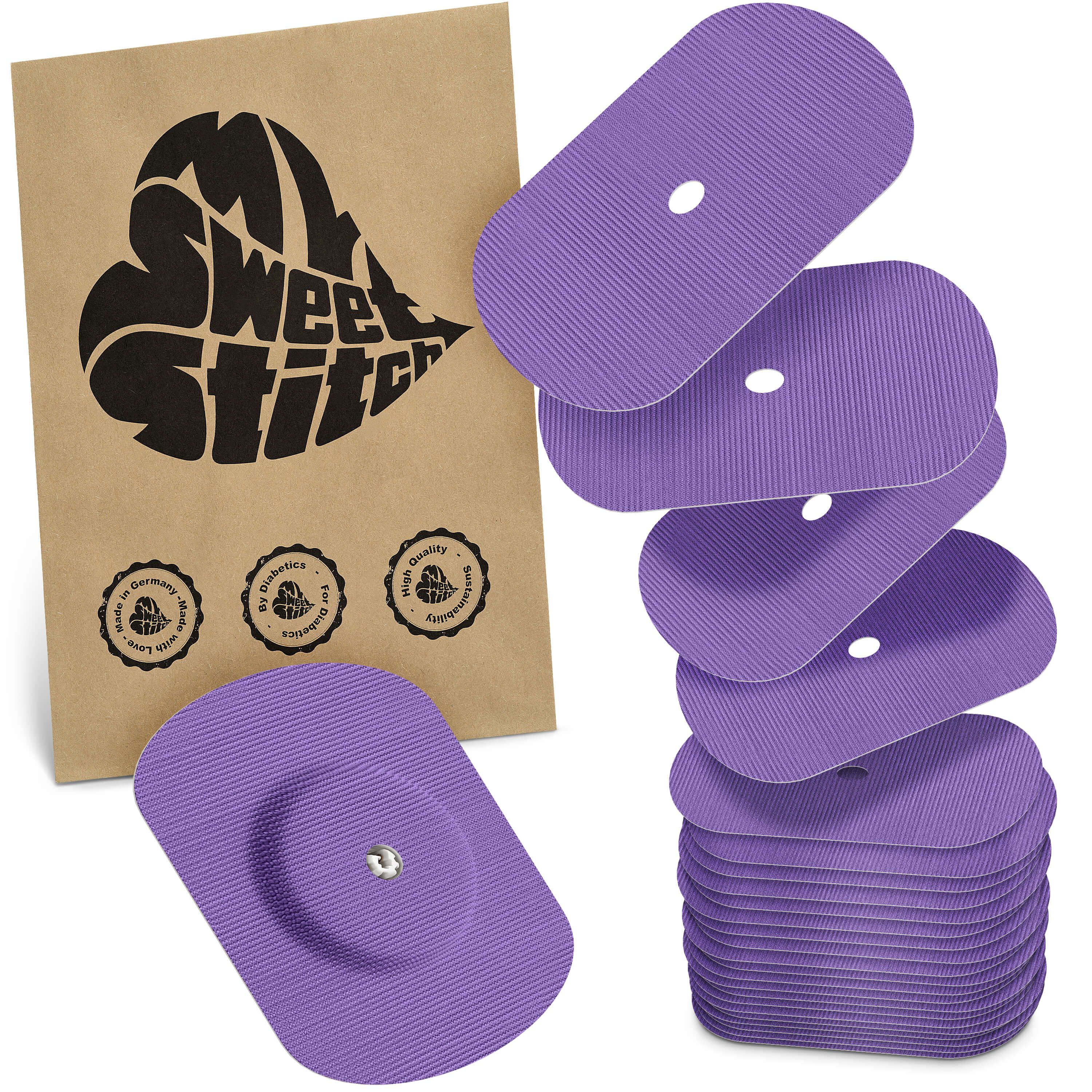 Beutel mit Pflastern. Lila, ovale Pflaster mit Belüftungsloch. Aufdruck: MySweetStitch. Siegel: Made in Germany, Quality.