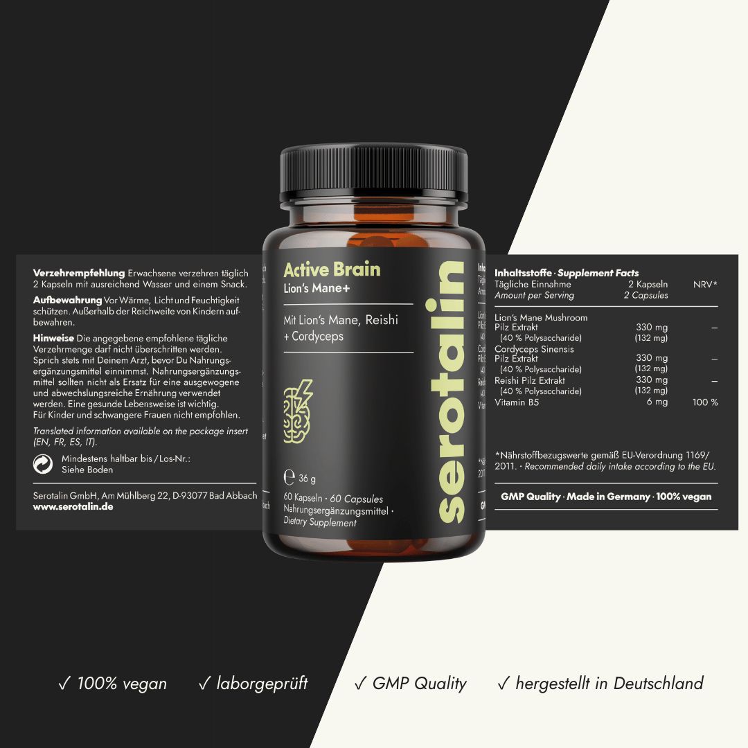 Schwarze Flasche mit Kapseln, Packungsbeilage. Text: Active Brain, Lion's Mane+, serotalin. Inhaltsstoffe, Nährwertangaben, GMP Quality.