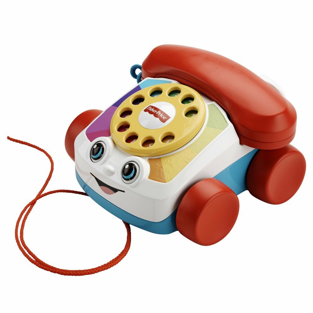 Ein Spielzeug-Telefon mit roten Rädern, einem roten Hörer und einer gelben Wählscheibe. Ein rotes Seil ist am Telefon befestigt. Das Logo Fisher-Price ist sichtbar.