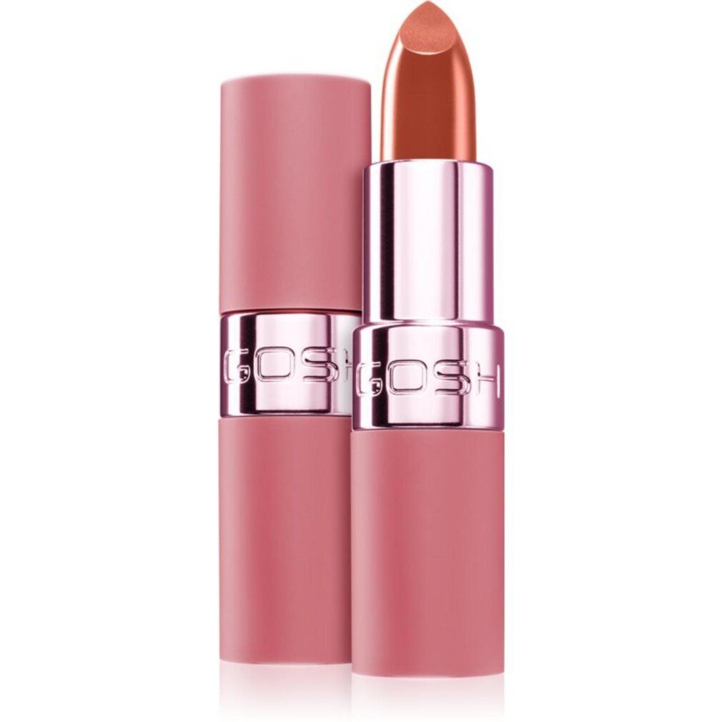 Lippenstift mit rosafarbenem Gehäuse und geöffneter Kappe. Der Lippenstift ist hellbraun. Der Markenname GOSH ist sichtbar.
