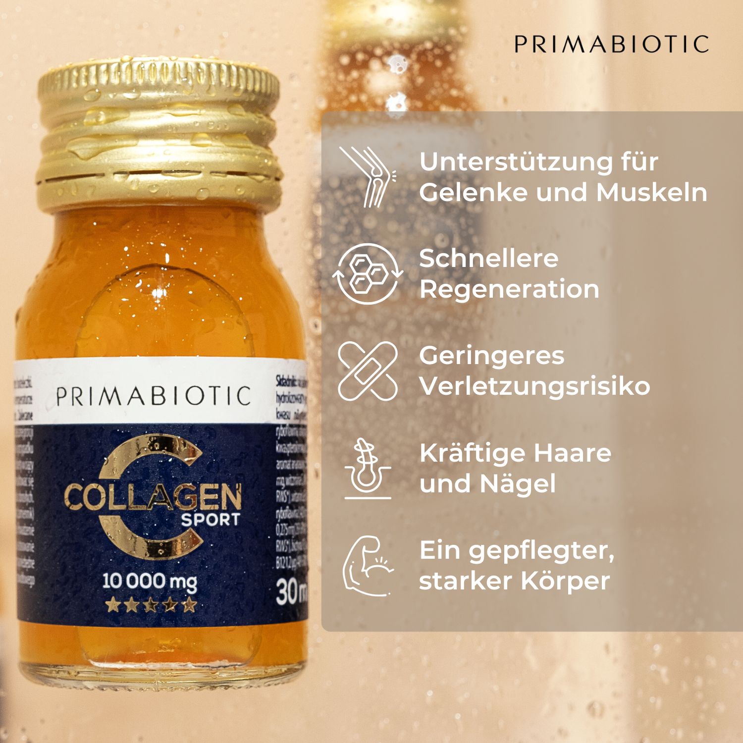 Eine Flasche "PRIMABIOTIC COLLAGEN SPORT". Aufschrift: 10.000 mg. Text: Unterstützung für Gelenke und Muskeln, stärkere Haare und Nägel.