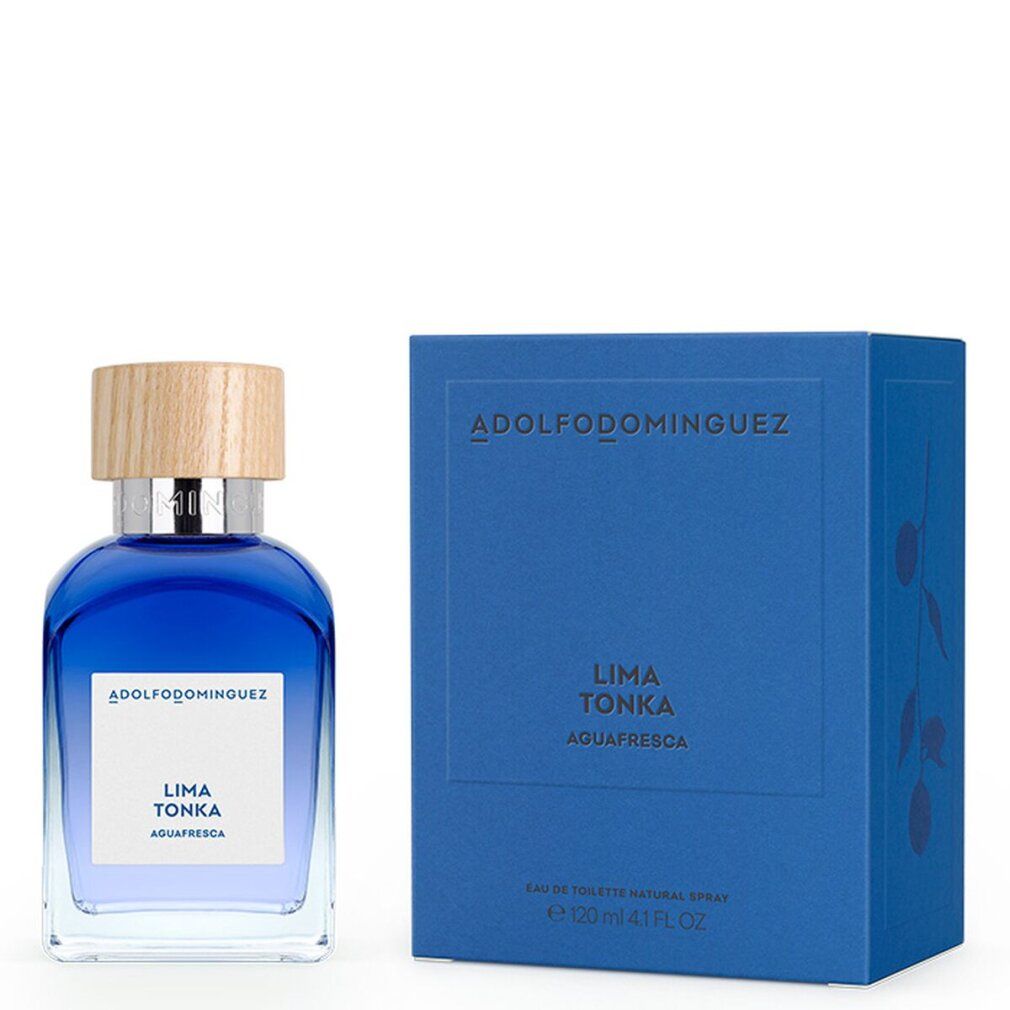 Blaues Parfümflakon mit Holzdeckel und blauer Schachtel. Aufschrift: Lima Tonka Aquafresca. Marke: Adolfo Dominguez.