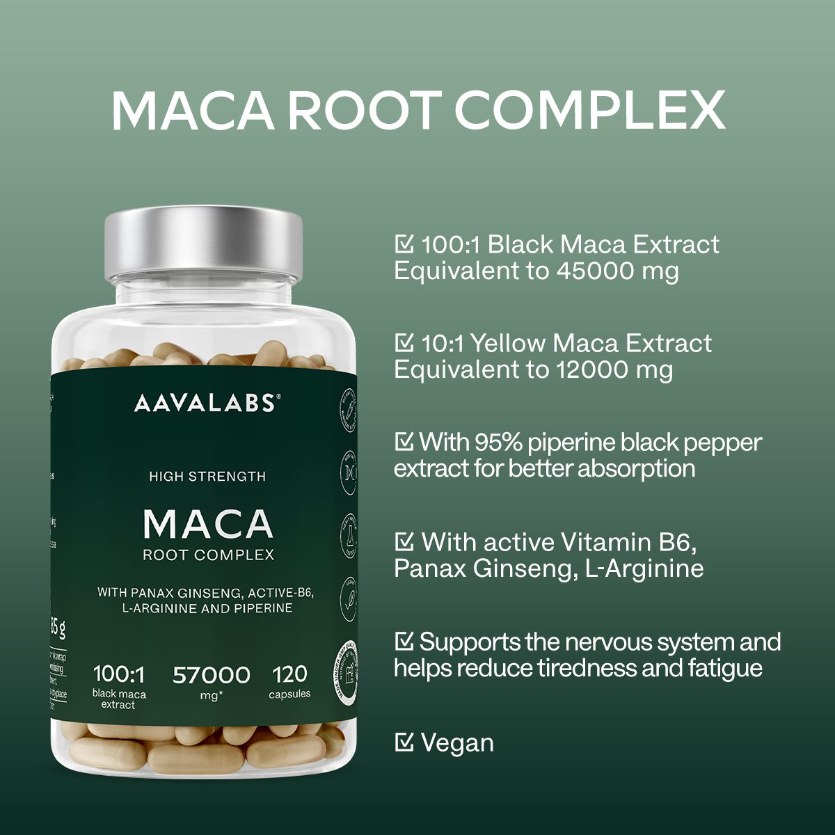 Flasche mit Kapseln. Text: MACA ROOT COMPLEX, 100:1, 57000 mg, 120 Kapseln. Zusätzliche Informationen.