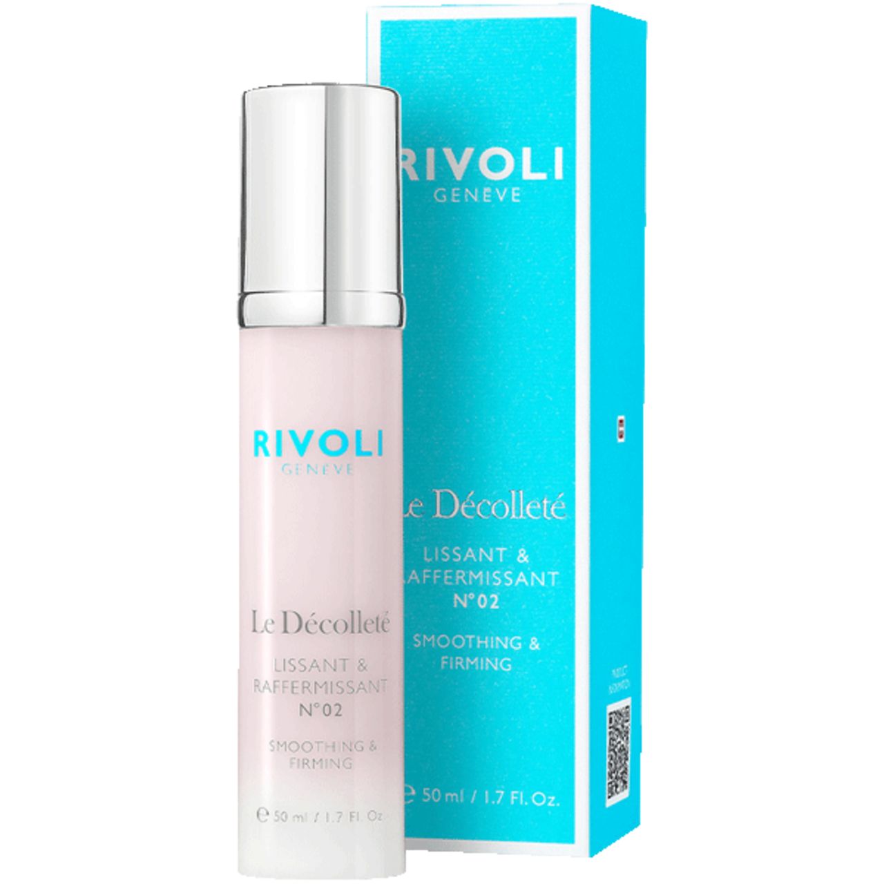Rivoli Le Décolleté N°02. Rosa Flasche mit silbernem Deckel, daneben blaue Schachtel. Aufschrift: Smoothing & Firming.