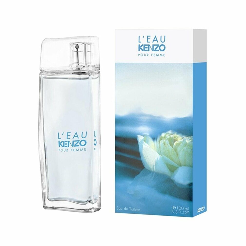 Glasflakon und Verpackung. Flakon mit Schriftzug L'EAU KENZO. Verpackung mit Lotusblüten-Motiv.
