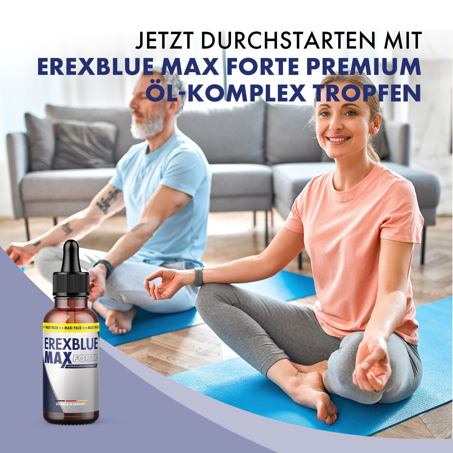 Paar beim Yoga. Produktflasche mit schwarzem Tropfer. Text: EREXBLUE MAX FORTE PREMIUM ÖL-KOMPLEX TROPFEN. Hintergrund: Yoga-Matte.