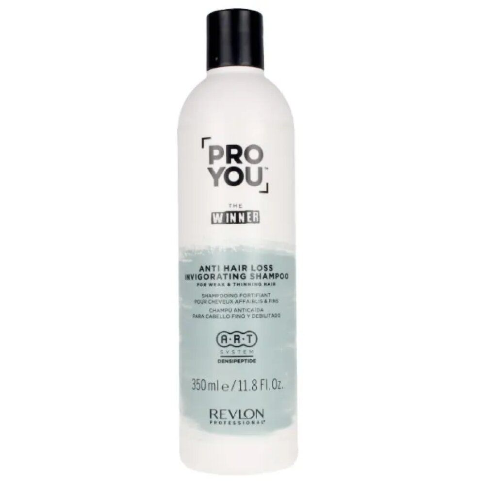 Weiße Flasche mit schwarzem Deckel. Aufschrift: PRO YOU, THE WINNER, Anti-Haarausfall Shampoo. Revlon Professional.