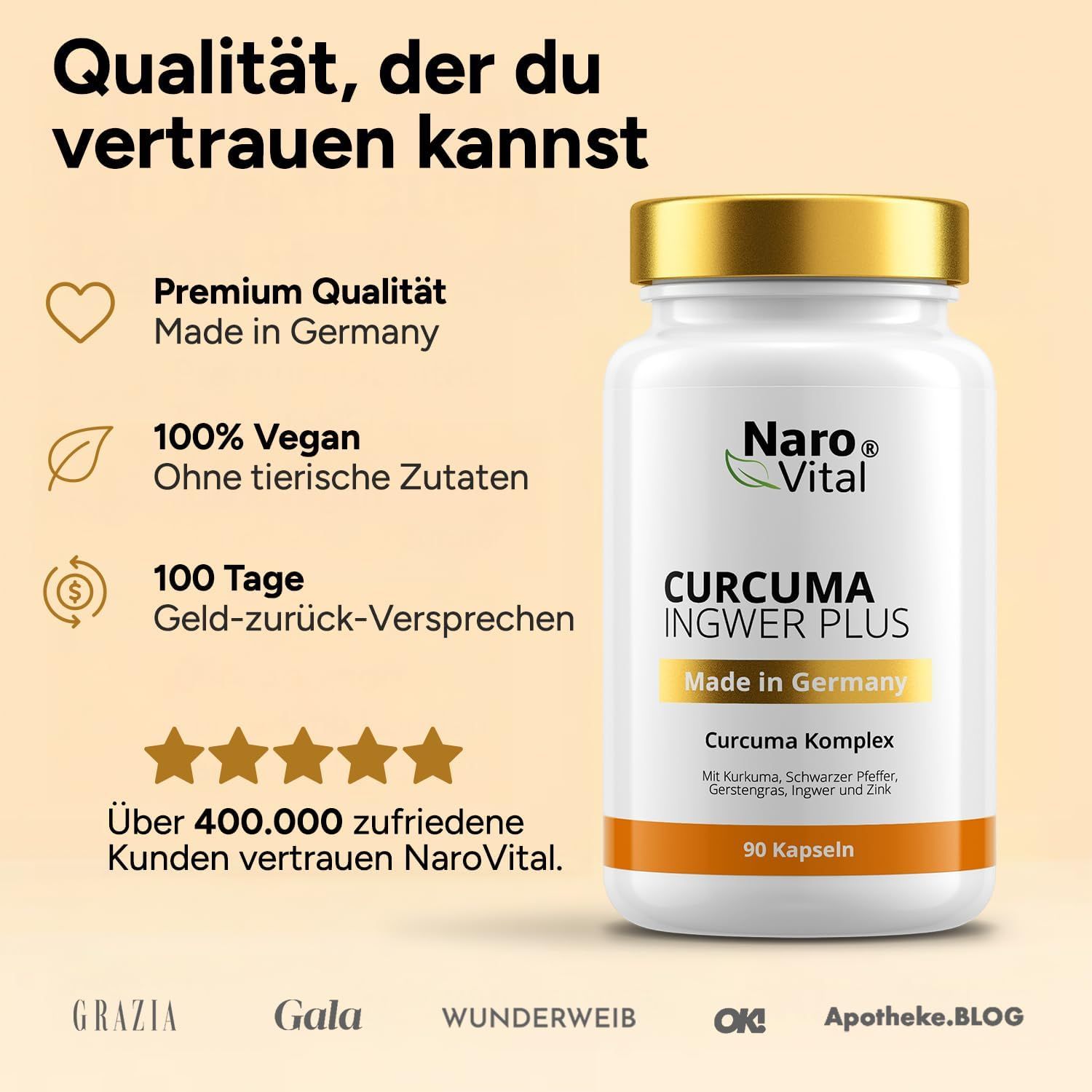 Produktflasche mit goldfarbenem Deckel. Logos und Sterne für Qualität und Kundenzufriedenheit. Aufschrift: NAROVITAL® Curcuma Ingwer Plus.