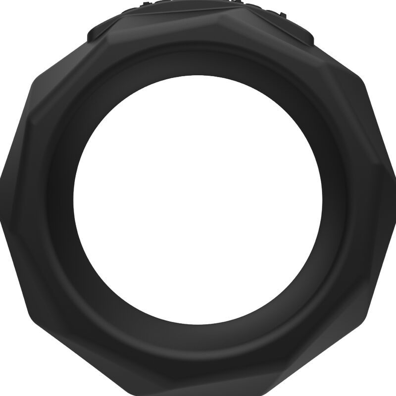 Schwarzer, achteckiger Ring. Oberseite mit erhabenen Elementen. Innen rund, glatt. Wellness-Produkt.