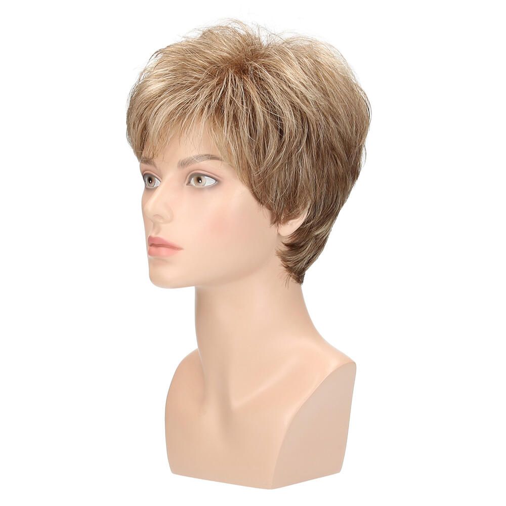 Perücke Alma von Lofty auf einem Schaufensterkopf. Blond-braunes Haar, kurzer Schnitt. Seitenansicht.