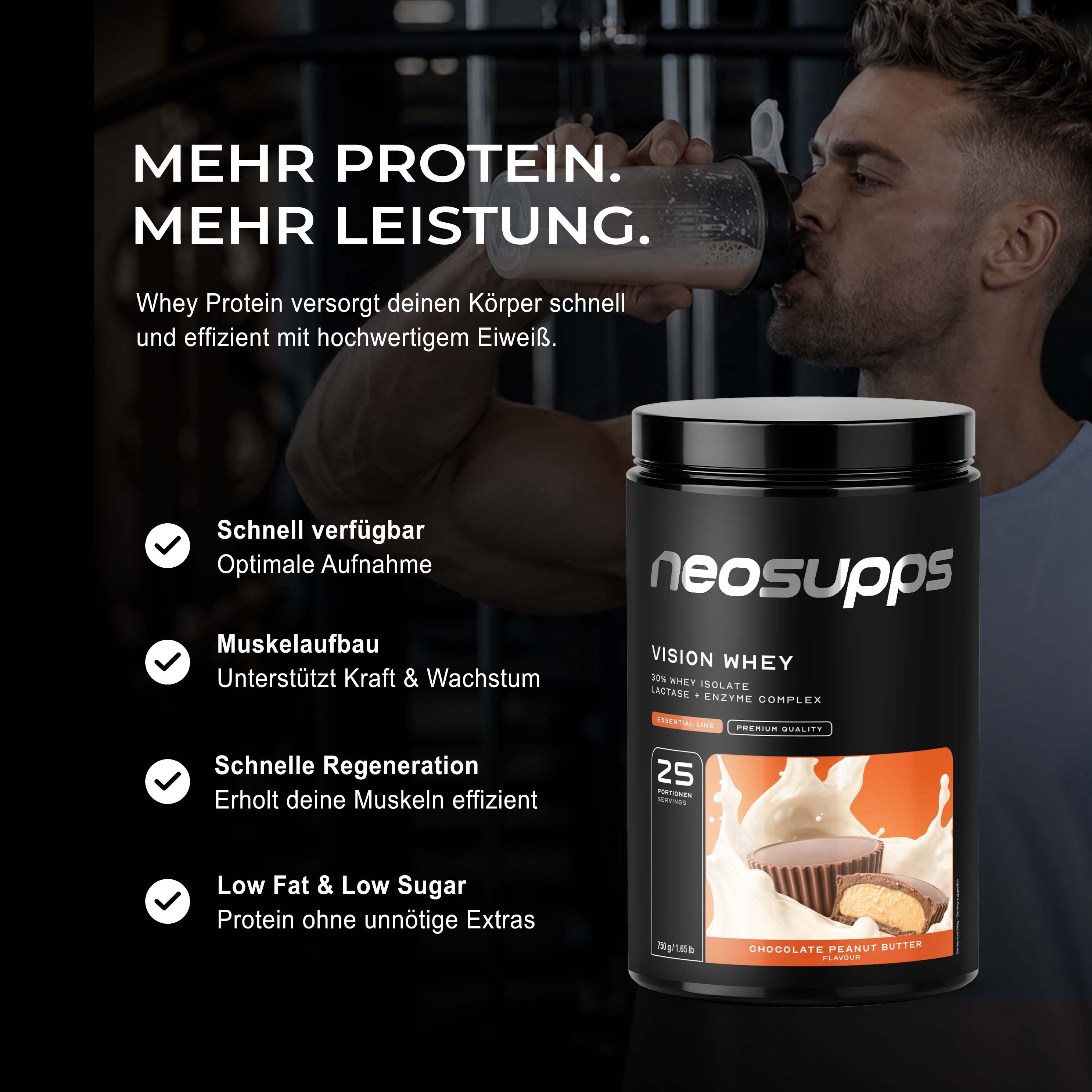 Neosupps Vision Whey Protein Dose, Schoko-Erdnussbutter. Mehr Protein, mehr Leistung. Low Fat & Low Sugar.