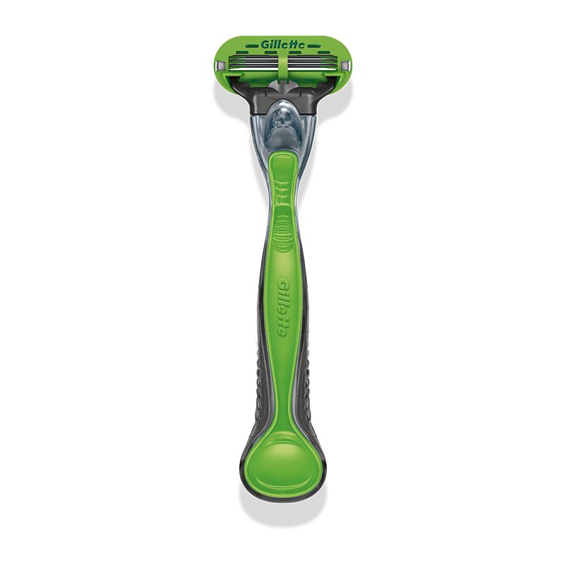 Gillette Body Rasierer. Grün-schwarzer Rasierer mit 3 Klingen. Schwarzer Griff. Grüne Rasierklingen.