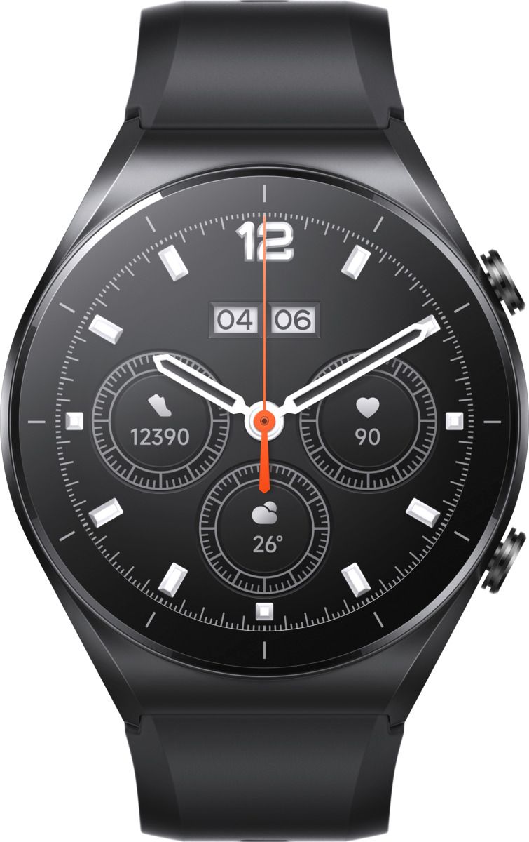 Schwarze Smartwatch mit rundem Zifferblatt. Zeigt Uhrzeit, Datum, Herzfrequenz und Schritte an. Schwarzes Armband.