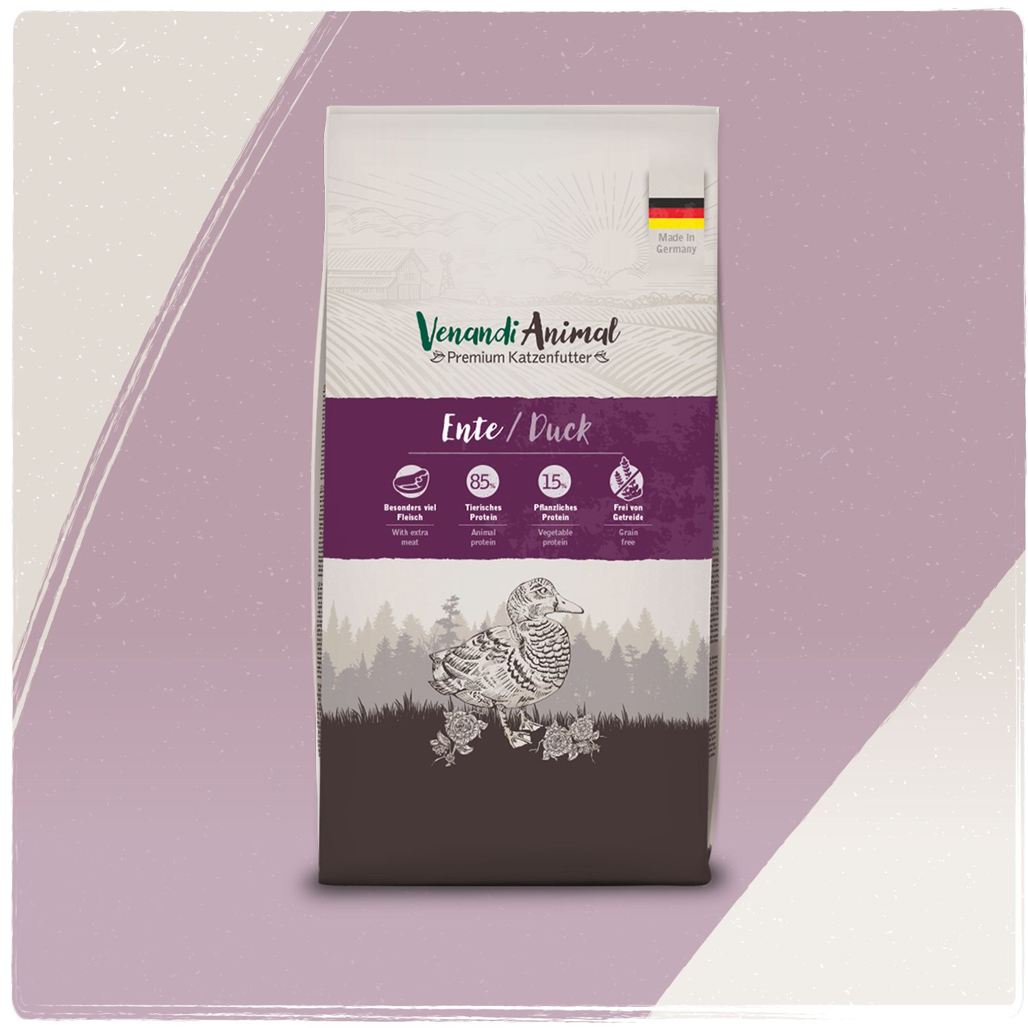 Venandi Animal Ente/Duck Premium Katzenfutter Beutel mit Abbildung einer Ente und Waldlandschaft. Deutsche Flagge oben rechts. Lila Hintergrund.
