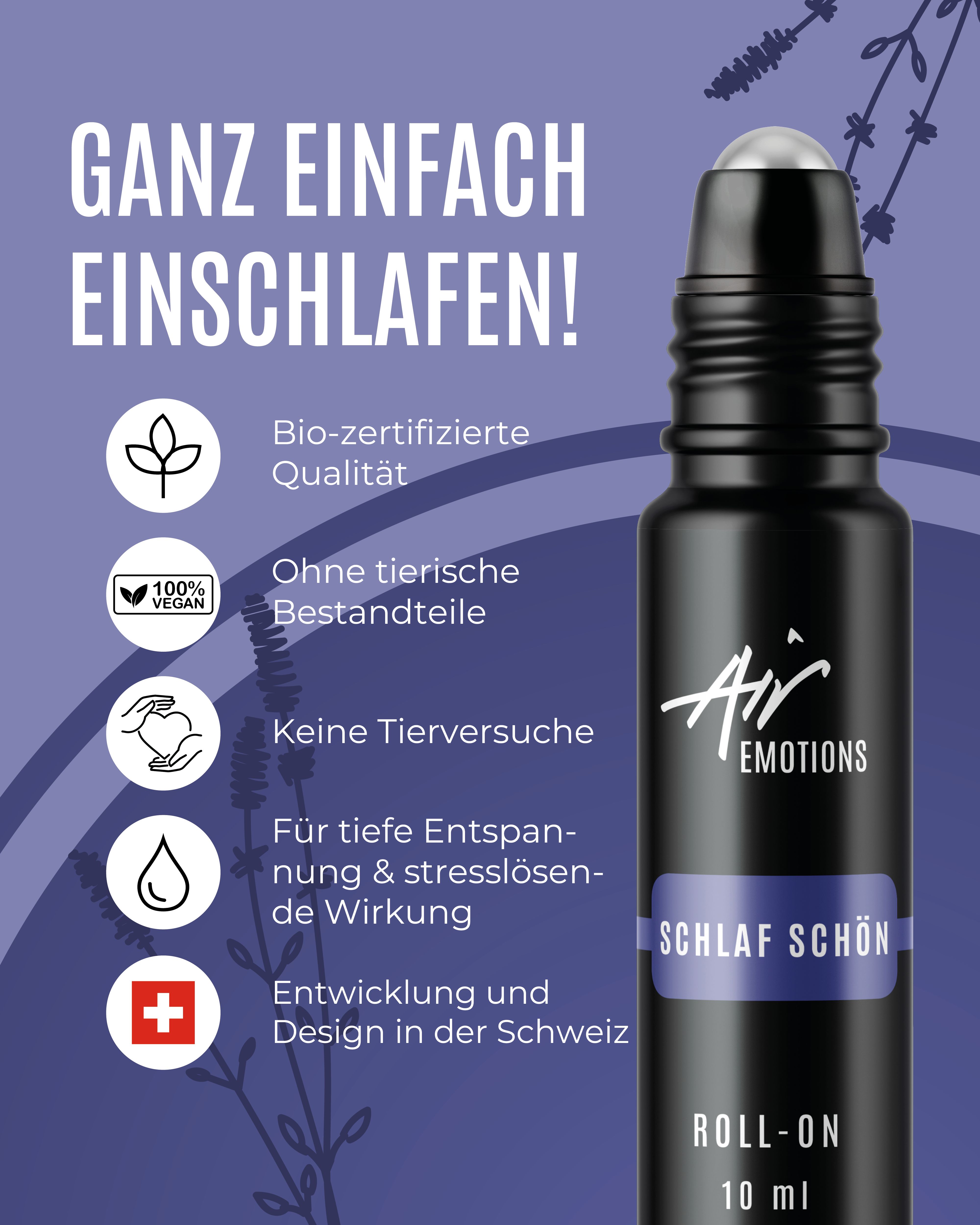 Schwarze Roll-On-Flasche mit "Schlaf schön" Aufschrift. Deckel daneben. Symbole: Bio, vegan, tierversuchsfrei, Schweiz.