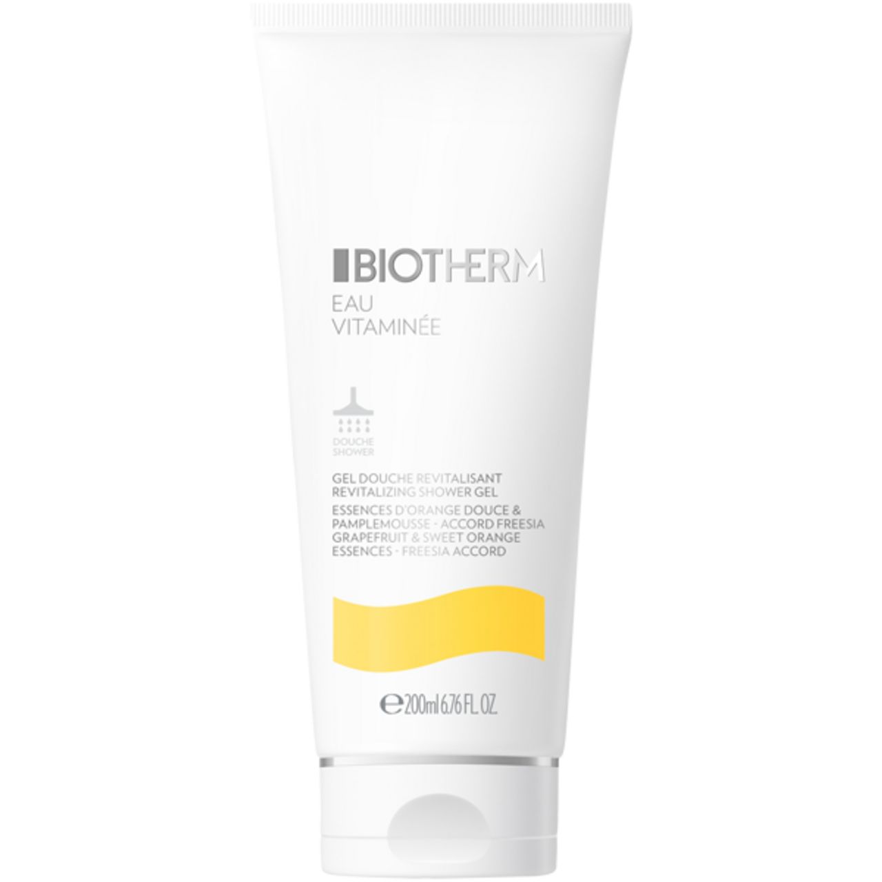 Weißes Duschgel-Tuben mit gelbem Akzent. BIOTHERM Eau Vitaminée. 200ml.