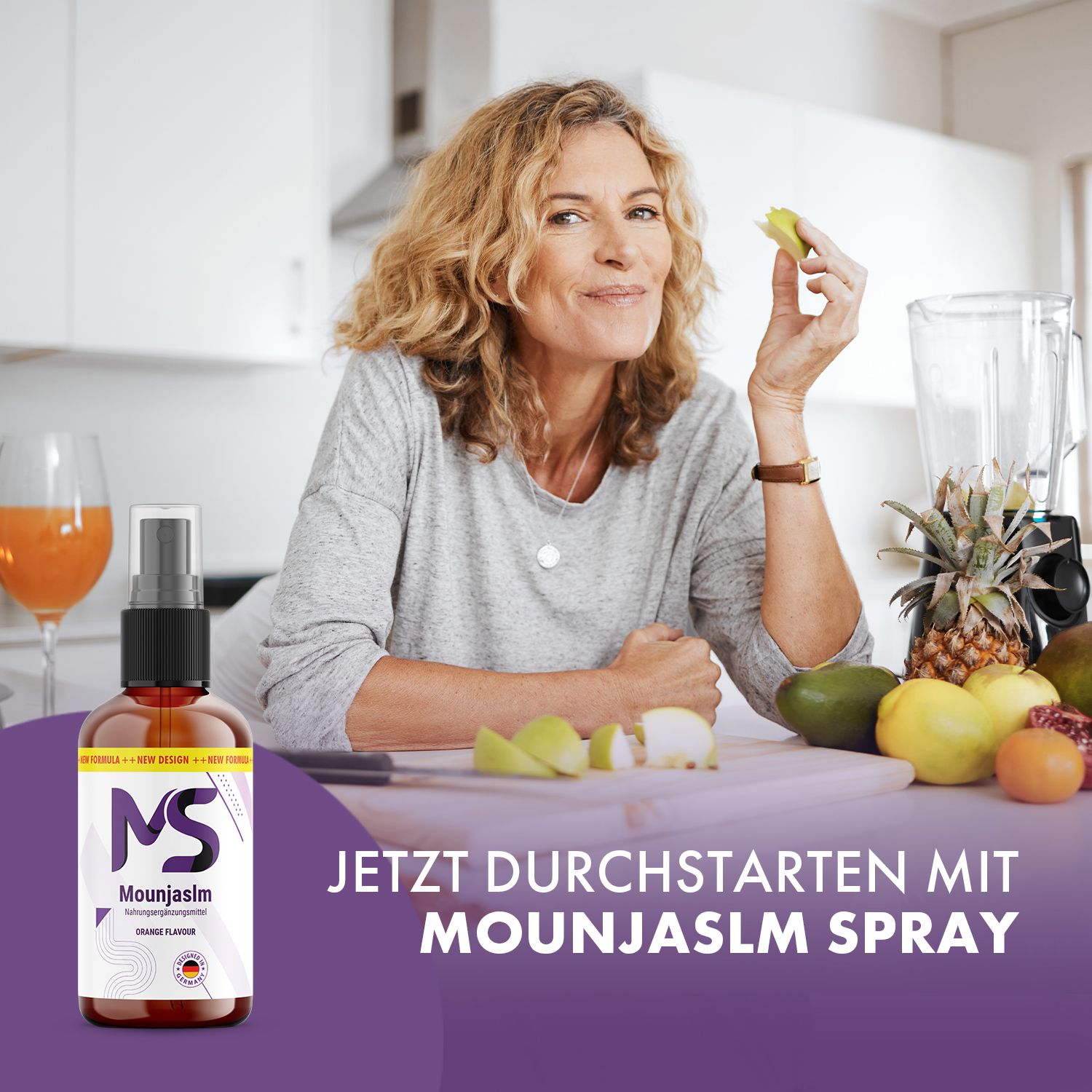 Frau mit Obst und brauner Sprühflasche. Aufschrift MS, Mounjaslm, Orange Flavour. Mit Aufdruck "Designed in Germany".