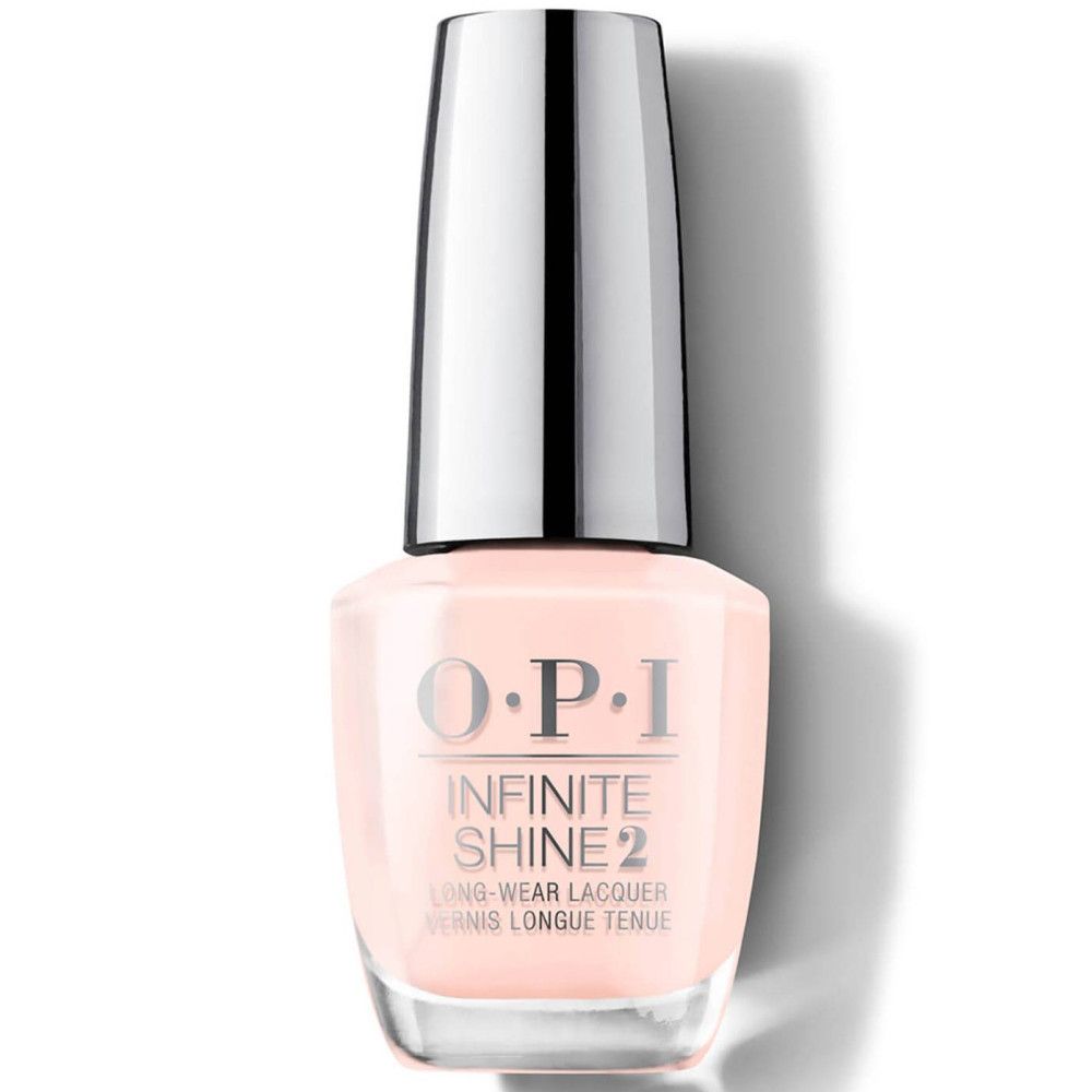 OPI Nagellacke Infinite Shine 2 Flasche. Rosa Lack, silberne Kappe. Schriftzug.