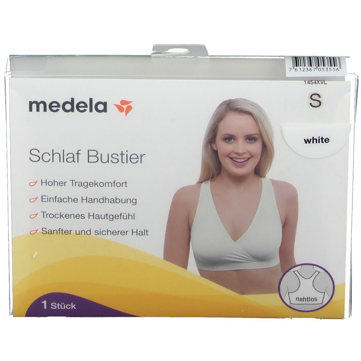 Verpackung mit weißem Schlaf-Bustier, Größe S. Aufdruck: medela, Schlaf Bustier, 1 Stück. Abbildung einer Frau.