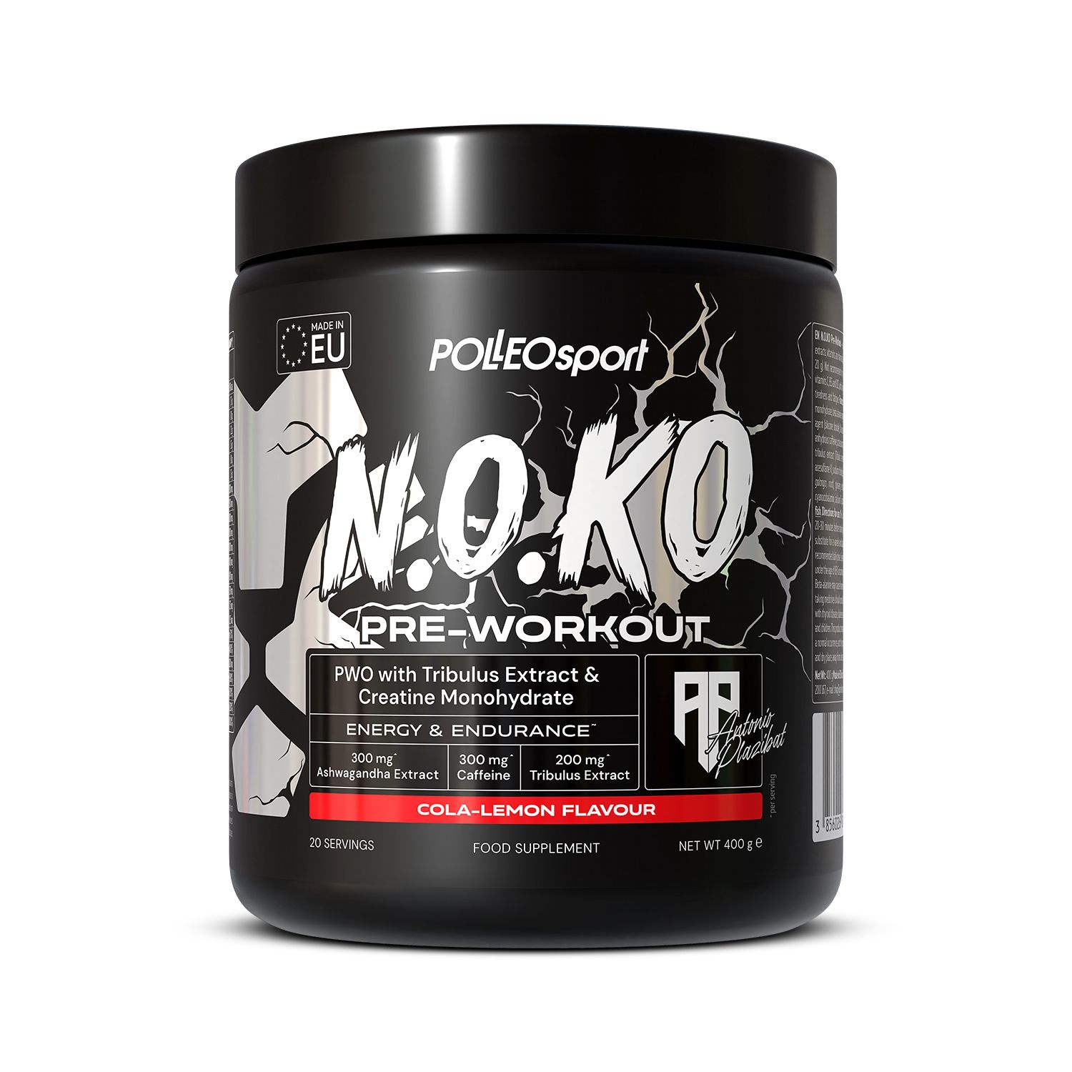 Barattolo nero "N.O.KO Pre-Workout". Gusto cola-limone. Ingredienti e logo UE visibili. 400g. Polleo Sport.