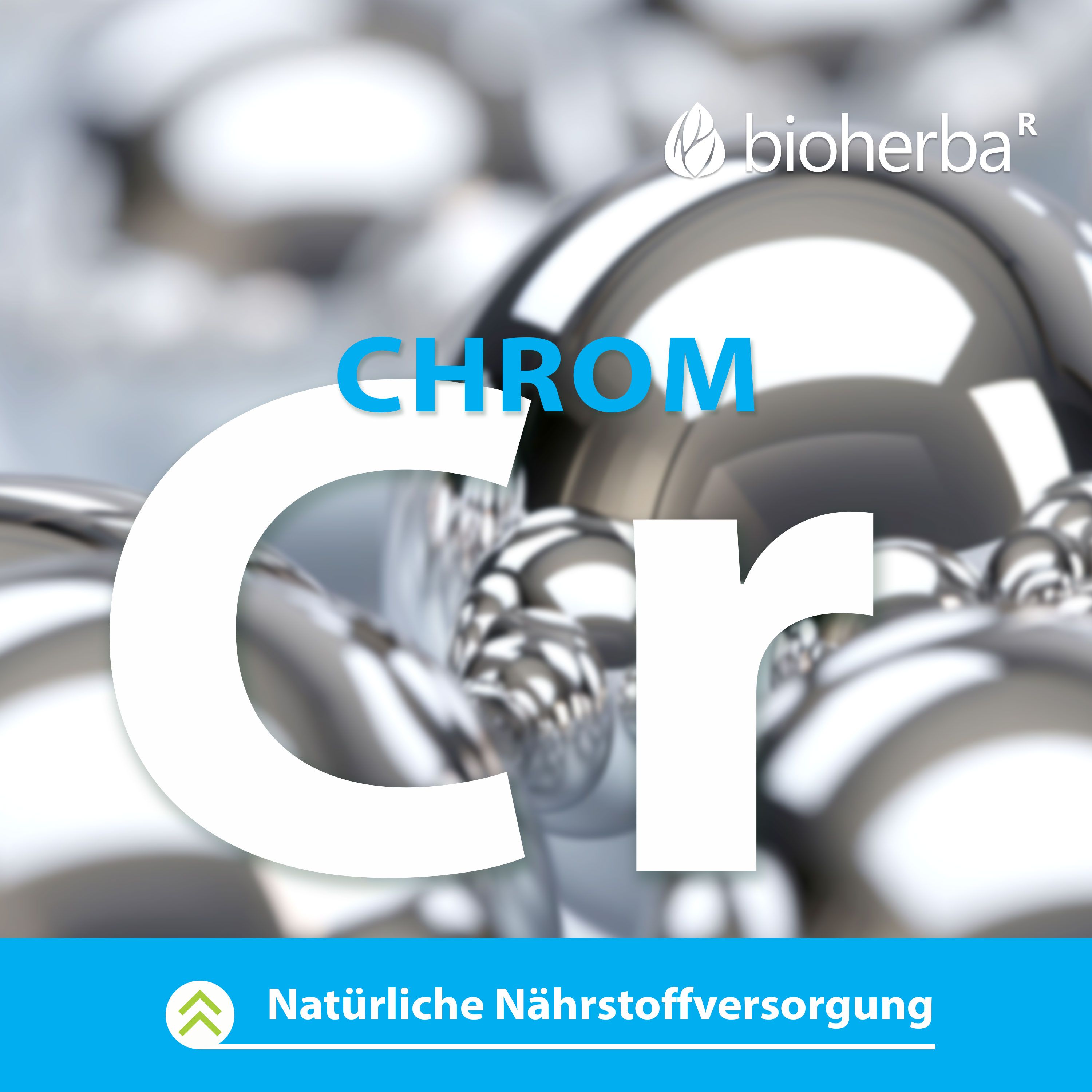 Chrom-Kugeln. Text: Natürliche Nährstoffversorgung. Logo und Produktname. Großes Wort: CHROM.