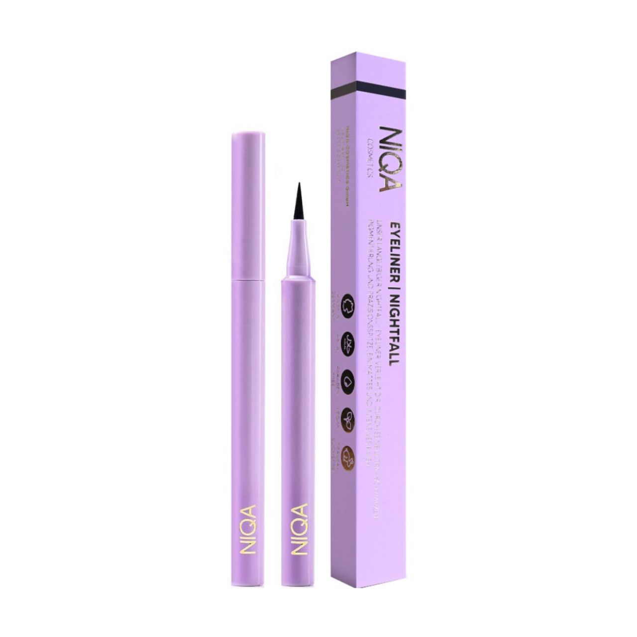 Penna eyeliner e confezione. Marchio Niqa, nome del prodotto e dettagli sulla confezione.