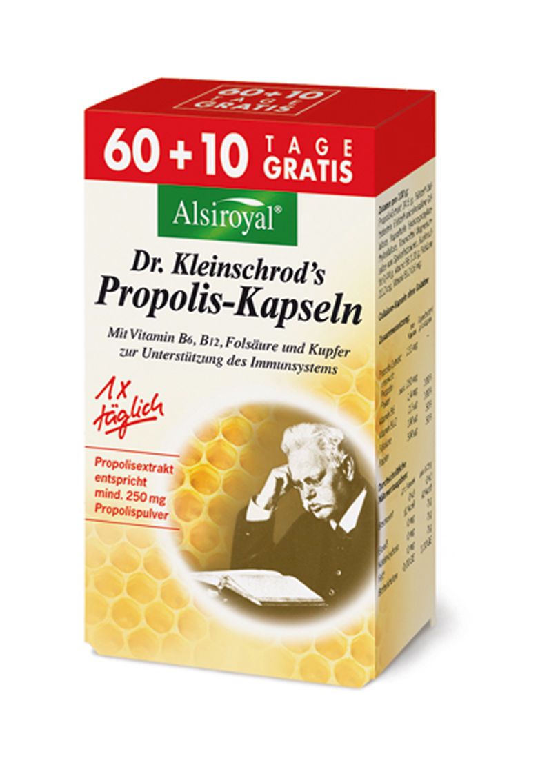 Verpackung von Alsiroyal Propolis-Kapseln. Rote und weiße Schrift, grüne Akzente. Aufschrift: 60+10 Tage Gratis. Abbildung eines Mannes und Bienenwabe.