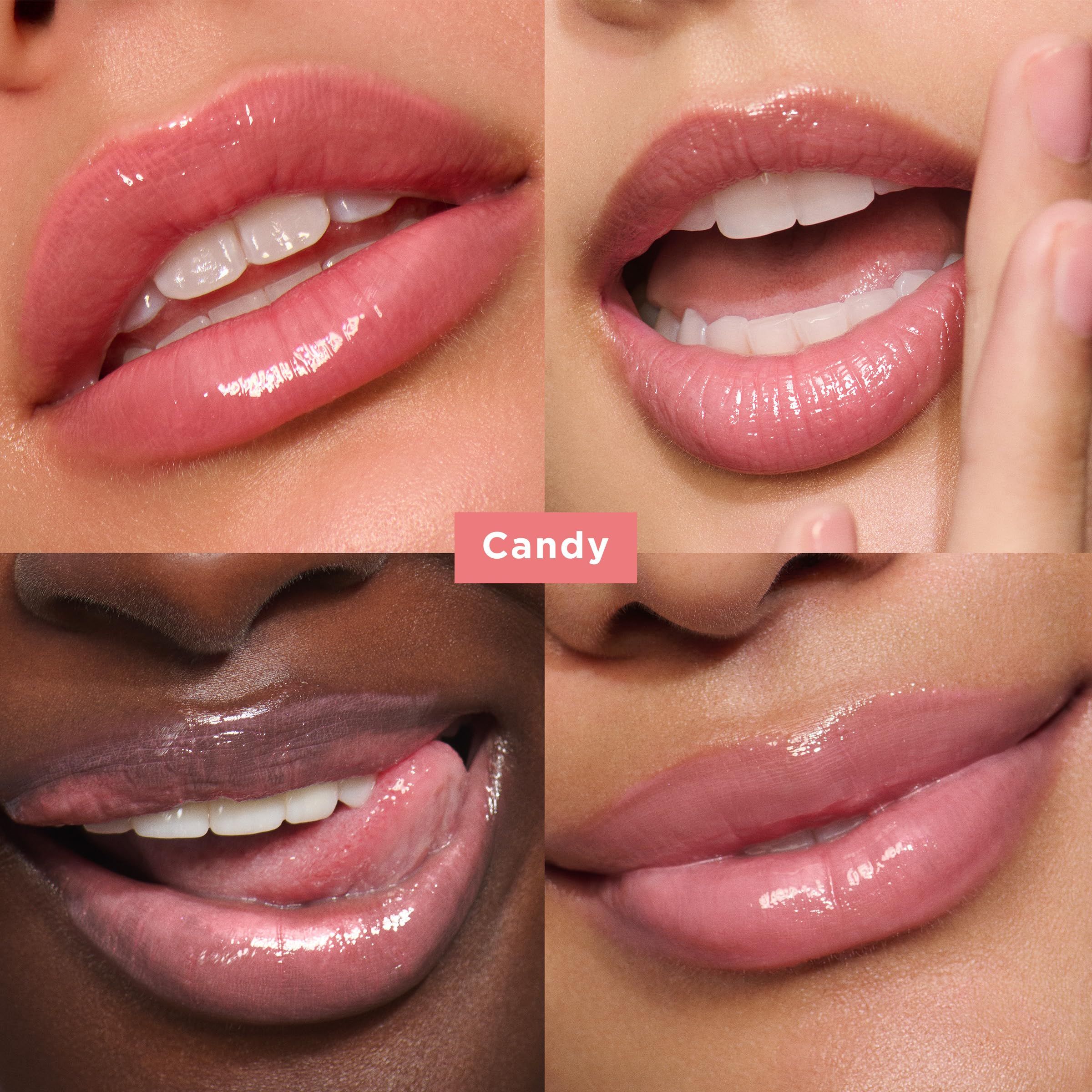 Vier Lippen-Nahaufnahmen mit glänzendem Finish. Farbton "Candy" in einem Rechteck. Unterschiedliche Hauttöne.