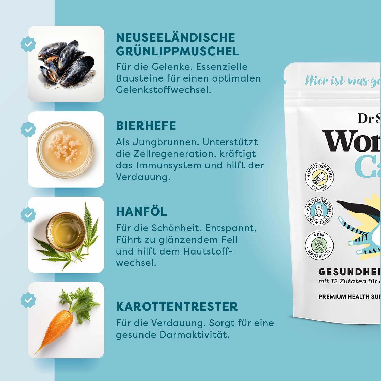 Beutel Dr. SAM WonderCat neben Zutaten: Grünlippmuschel, Bierhefe, Hanföl, Karottentrester. Text: Für die Gelenke, Für die Schönheit, Für die Verdauung.