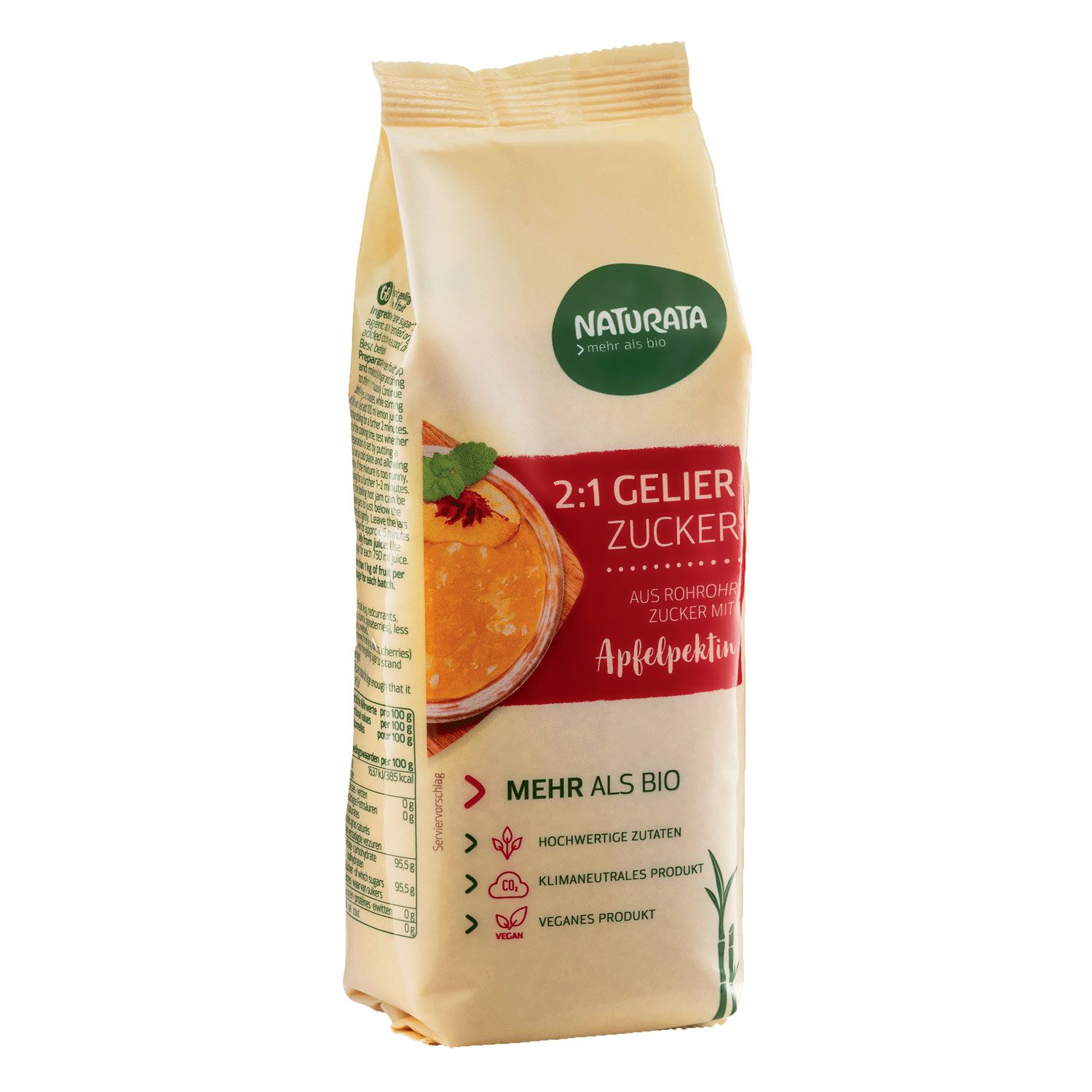 Beutel mit Naturata Bio Gelierzucker 2:1. Grün-weißes Logo. Text: 2:1 Gelierzucker, Apfelpektin, Mehr als Bio, hochwertige Zutaten, klimaneutrales Produkt, veganes Produkt.