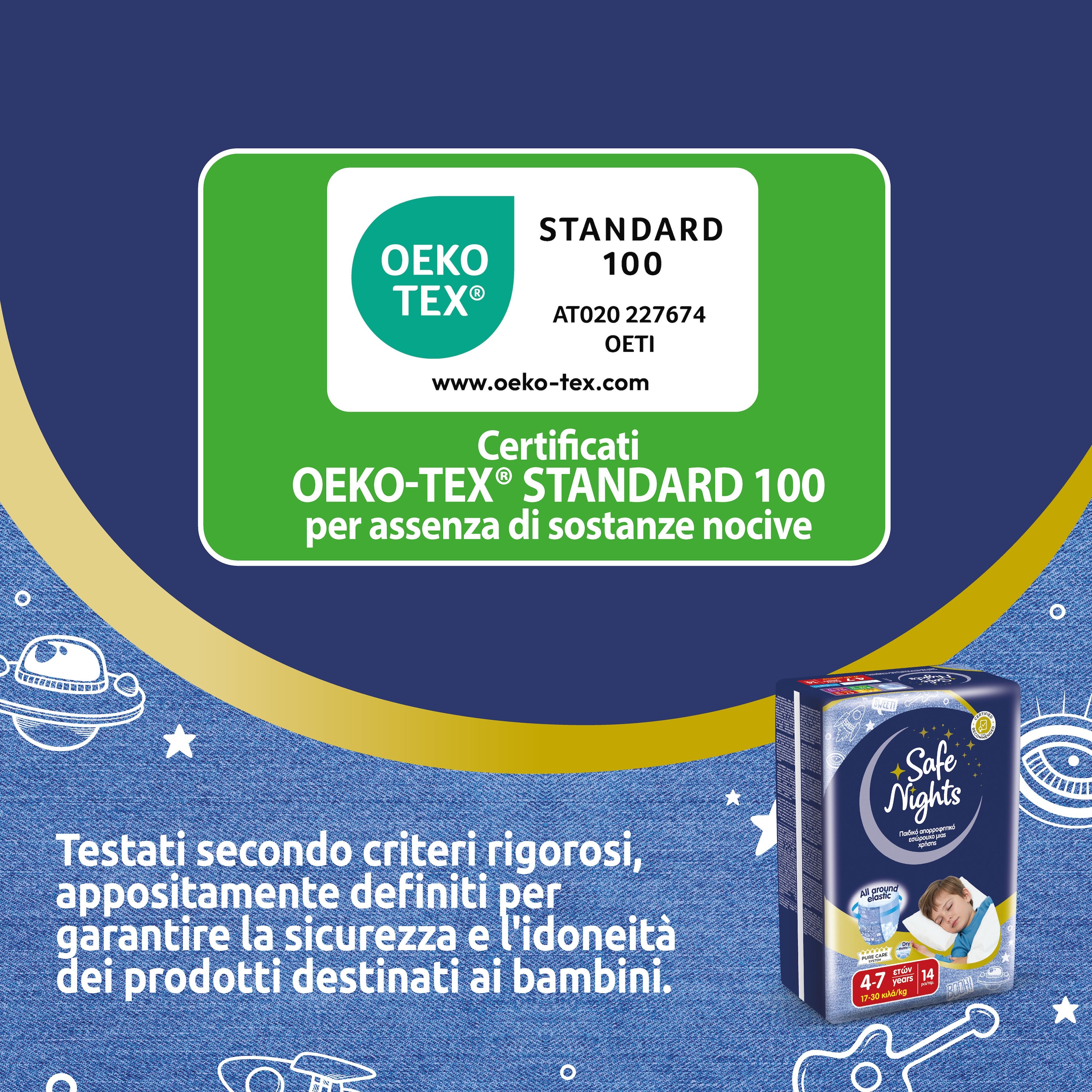 Verpackung Babylino Safe Nights. Text Oeko-Tex Standard 100. Produktabbildung mit Kind. Hintergrund blau mit Sternen.