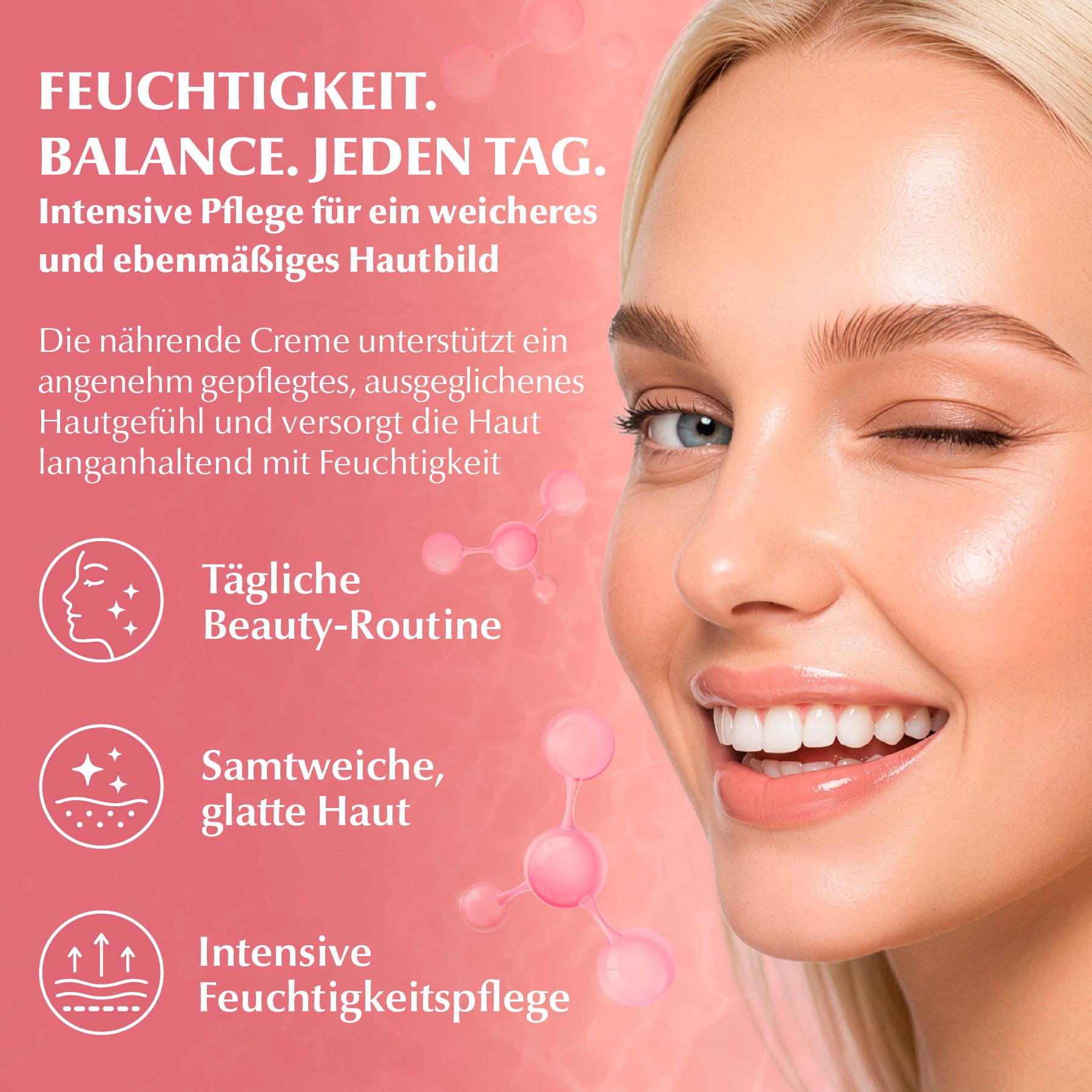 Frau mit strahlender Haut, Text über Feuchtigkeitspflege und tägliche Beauty-Routine.