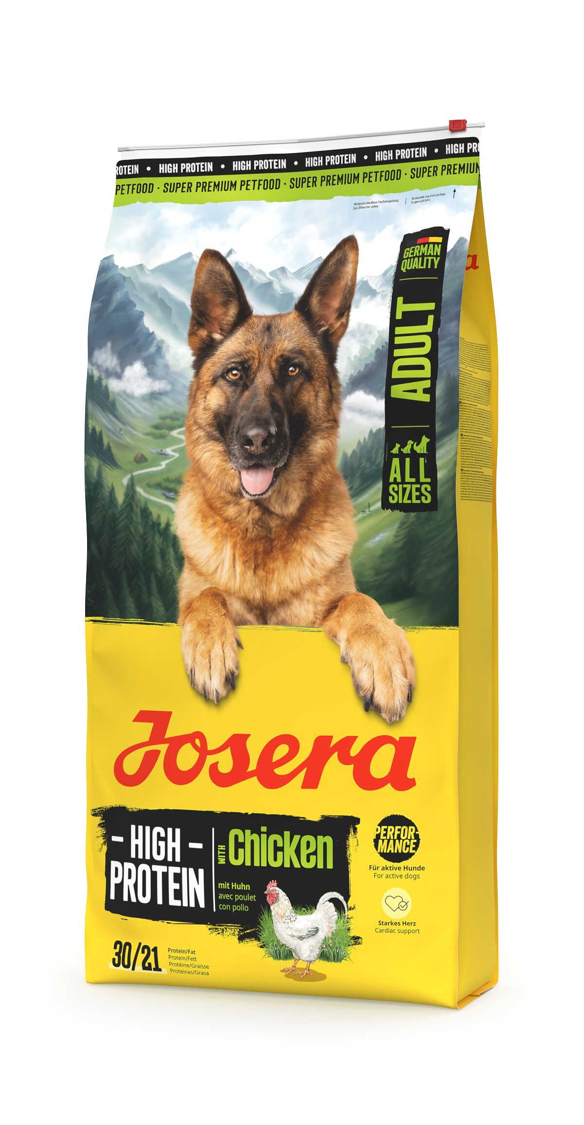 Gelber Beutel mit Hund, JOSERA High Protein Adult mit Huhn. Text: High Protein, Chicken, 30/21, German Quality.