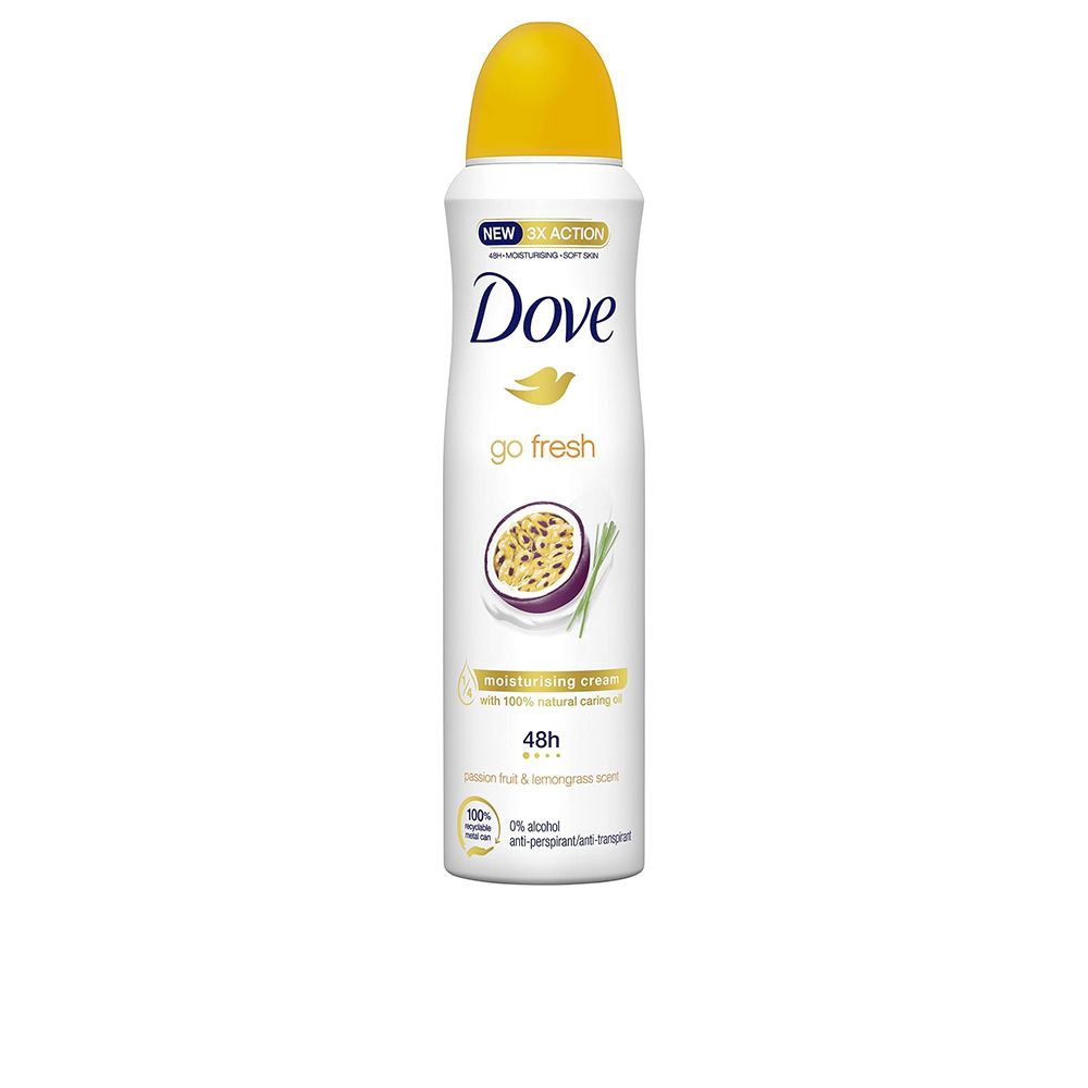 Weißes Deo mit gelbem Deckel. Aufschrift Dove go fresh. Abbildung einer Passionsfrucht und Zitronengras. 48h Schutz.