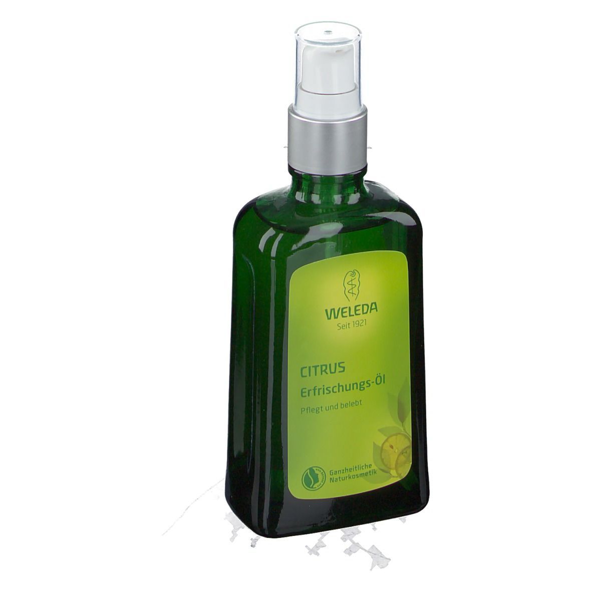 Grüne Glasflasche mit Sprühkopf. Aufkleber mit Produktnamen und Logo.