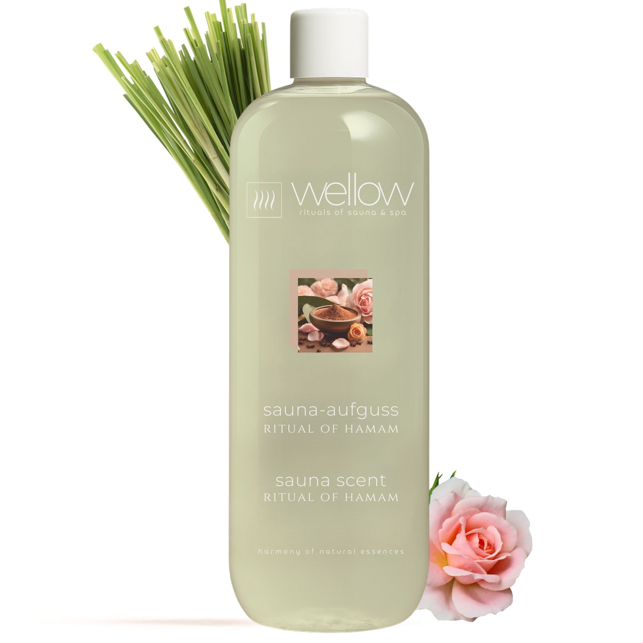 Klare Flasche mit weißem Deckel. Etikett mit Produktbild und Text. Wellow Logo. Sauna-Aufguss Ritual of Hamam. Rose und Zitronengras.