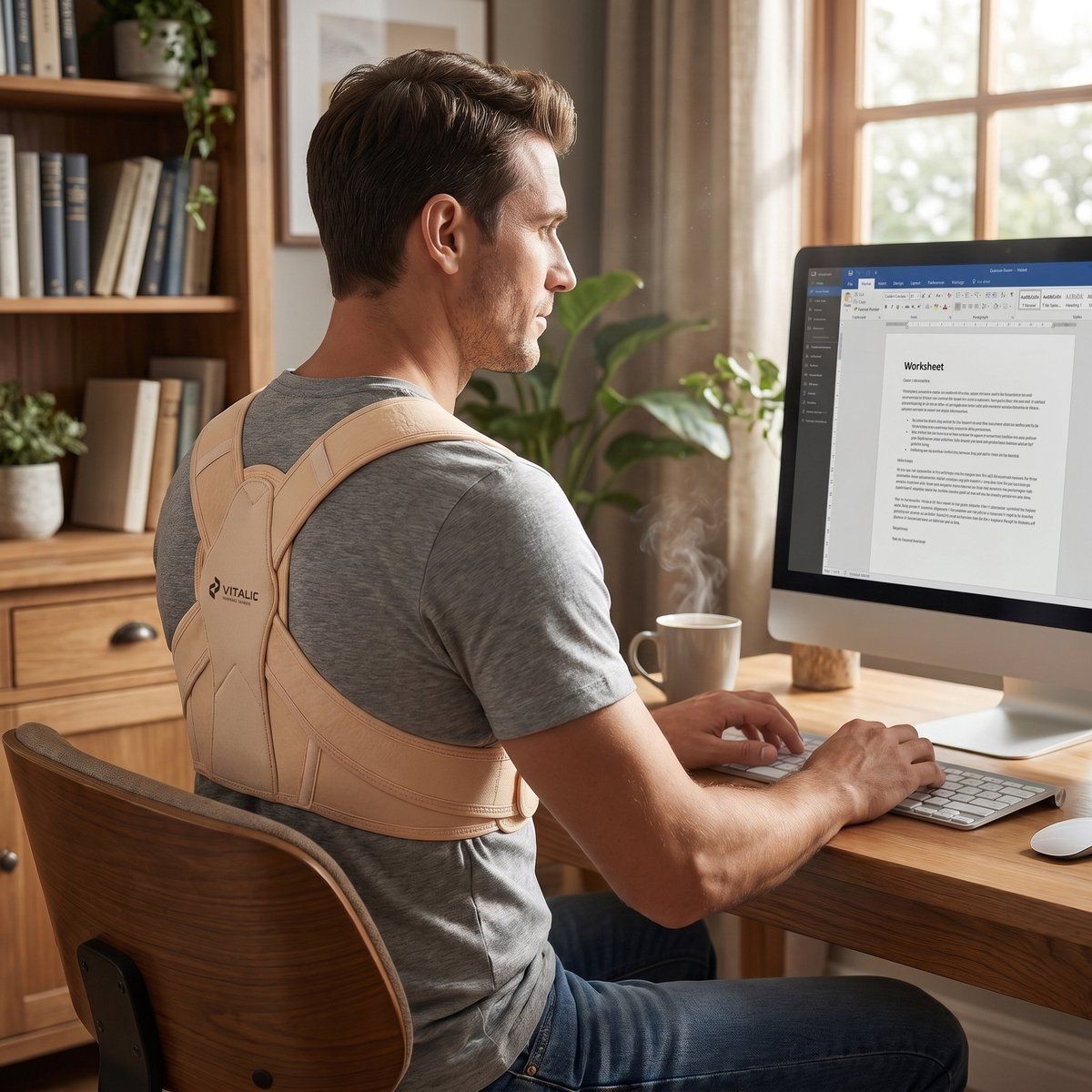 Mann am Schreibtisch mit Rückenbandage. Er sitzt vor einem Computer. VITALIC Logo.