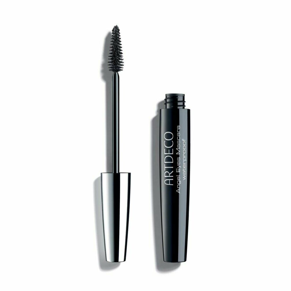 Schwarze Mascara-Tube und Bürste. Aufschrift: ARTDECO Angel Eyes Mascara waterproof. Bürste mit silbernem Griff.