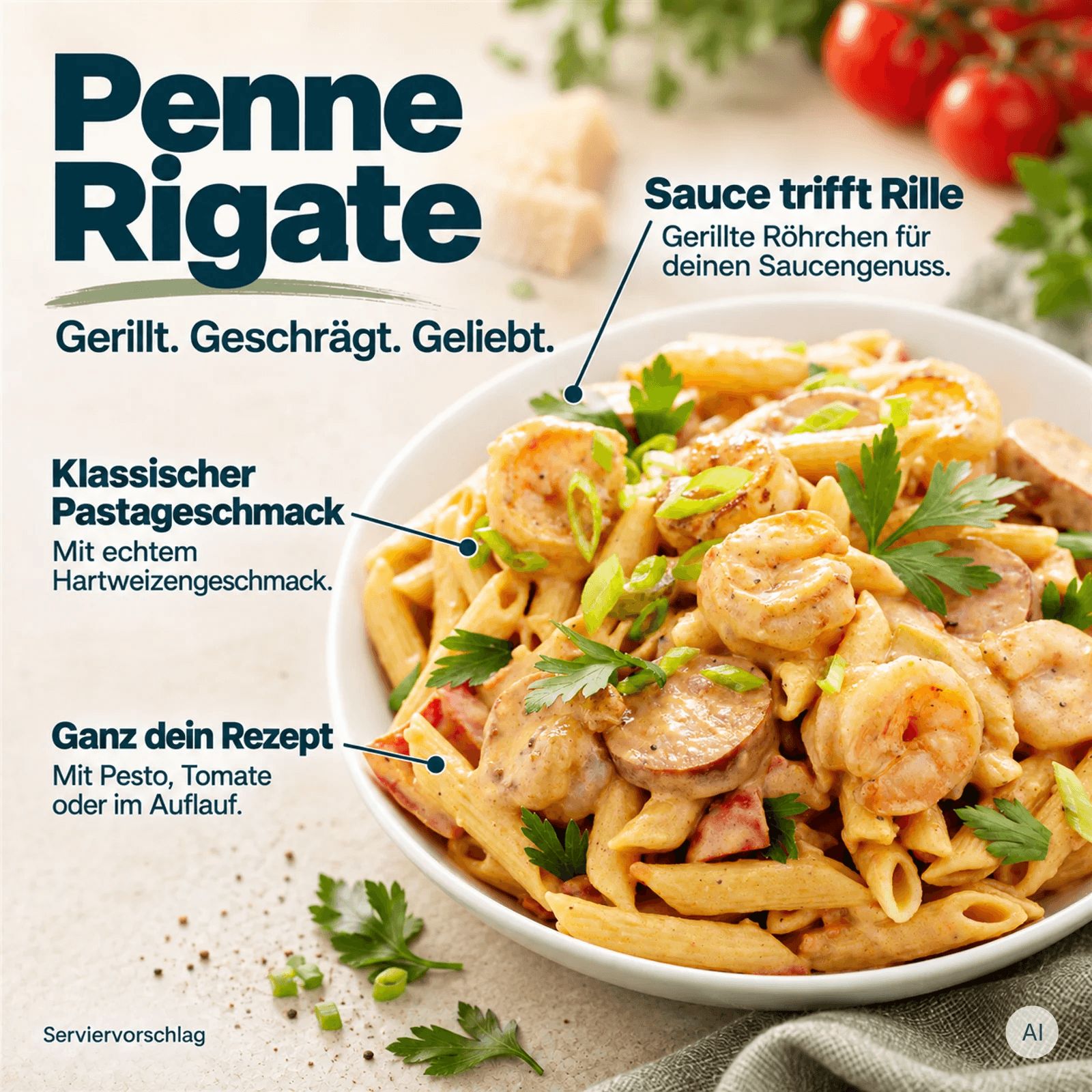 Gekochte Penne Rigate Nudeln mit Tomatensauce, Parmesan und Basilikum auf einem Teller.